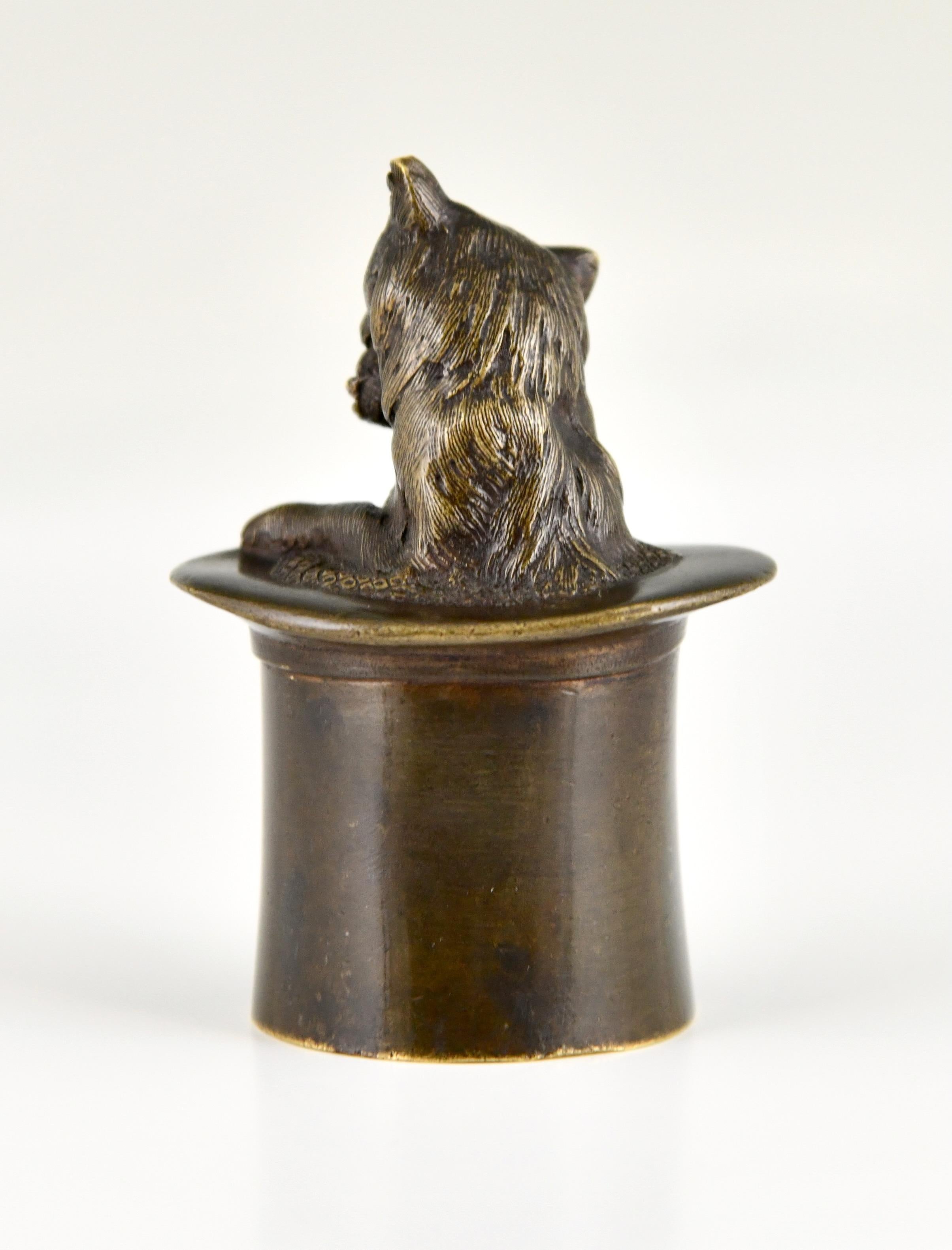 19th Century Antique bronze table bell cat in a top hat, France 1880 For Sale