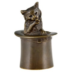 Antike Bronze Tischglocke Katze mit Zylinder, Frankreich 1880