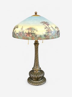 Antique Bronze Table Lamp & Original Painted Glass Shade