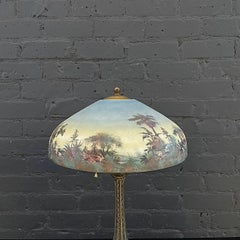 Antique Bronze Table Lamp & Original Painted Glass Shade