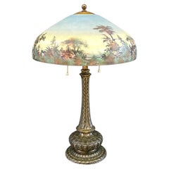 Antique Bronze Table Lamp & Original Painted Glass Shade