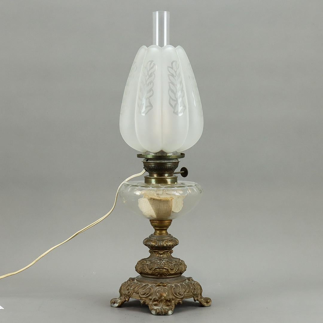 Plated Antique Bronze TABLE Oil LAMP with Electric Wire and Glass Cup Art Deco 50's For Sale