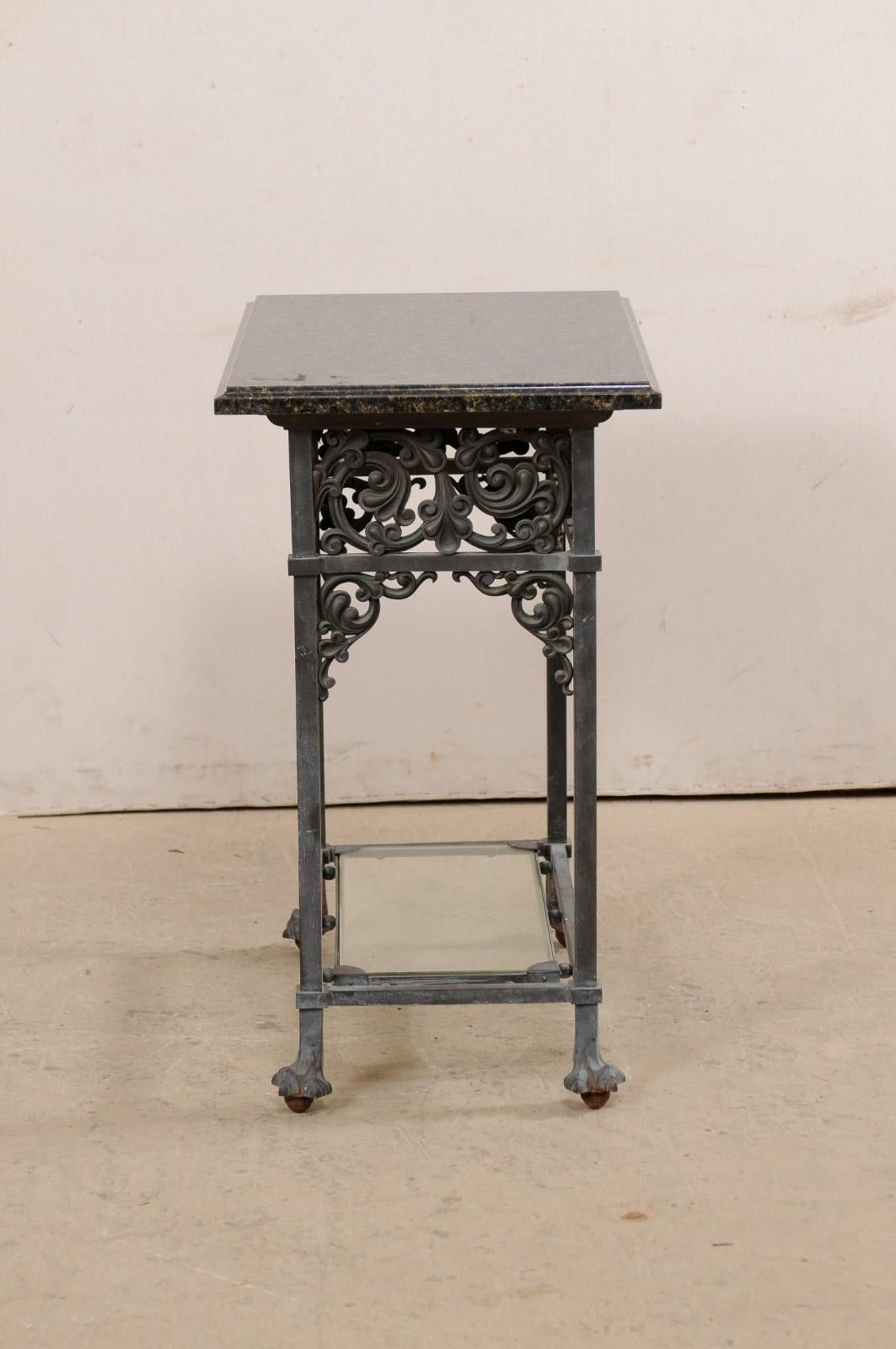 Antique Bronze Table w/ Original Granite Top, Lower Glass Shelf, Acanthus Motif For Sale 5