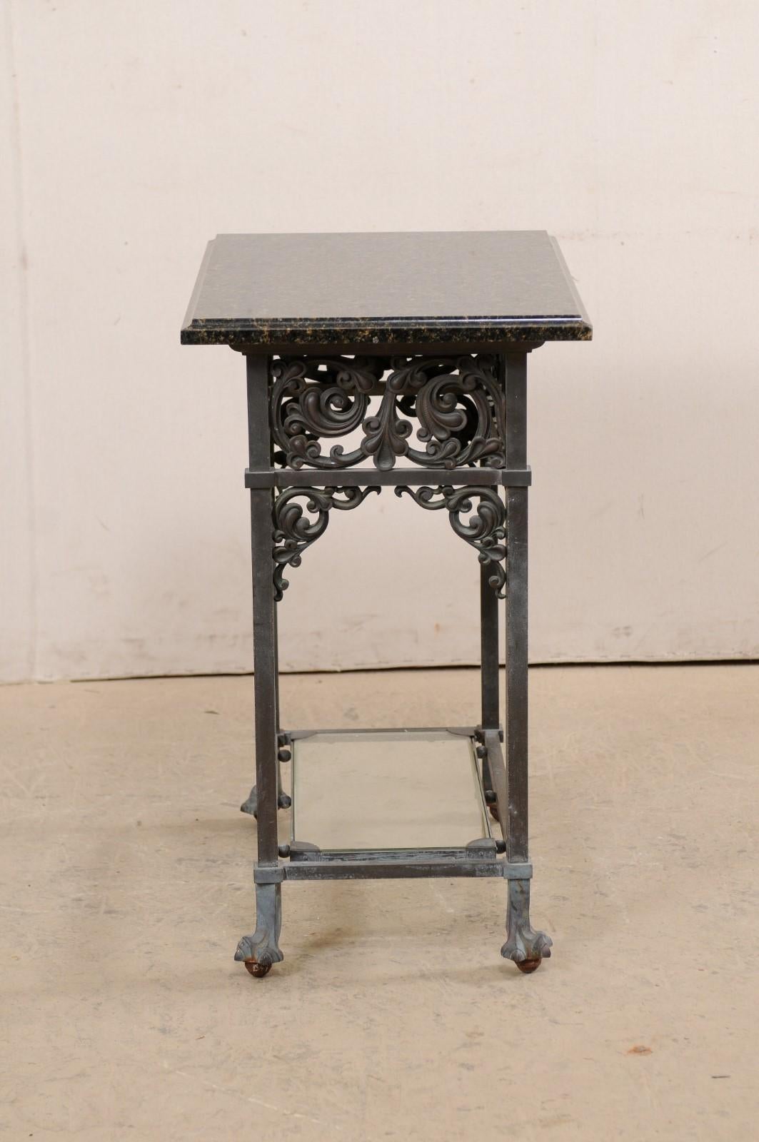 Antique Bronze Table w/ Original Granite Top, Lower Glass Shelf, Acanthus Motif For Sale 1