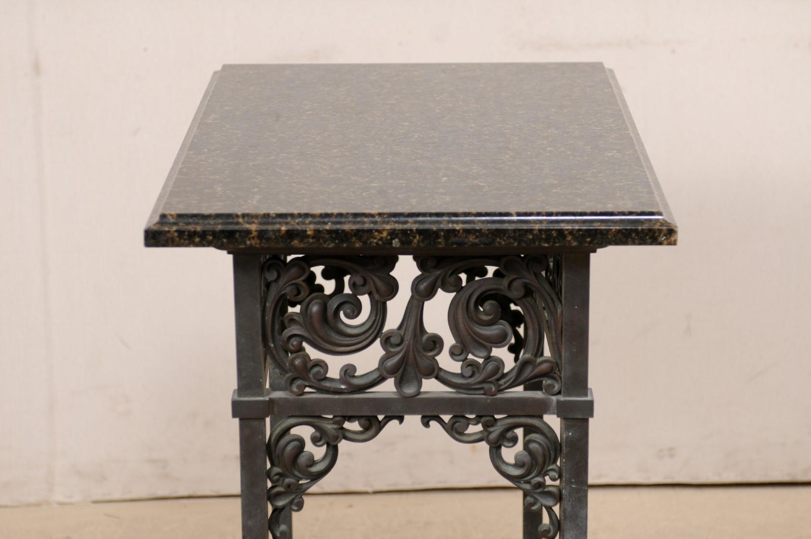 Antique Bronze Table w/ Original Granite Top, Lower Glass Shelf, Acanthus Motif For Sale 3