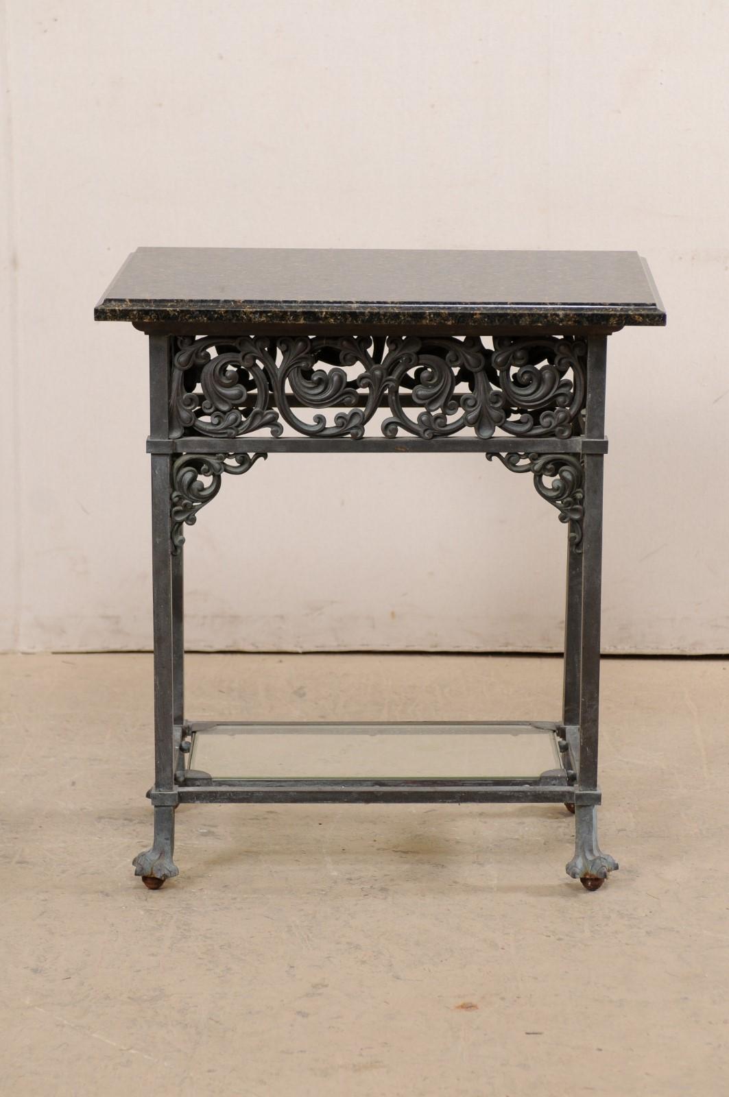 Antique Bronze Table w/ Original Granite Top, Lower Glass Shelf, Acanthus Motif For Sale 4