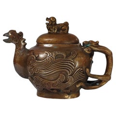 Antigua Tetera de Bronce con Tapa de Fénix Arte Asiático Coleccionable, China Años 1900