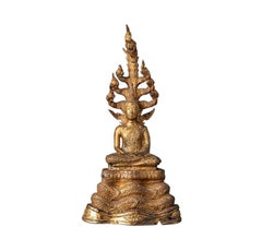 Antique Bronze Thai Buddha on Naga Snake from Thailand