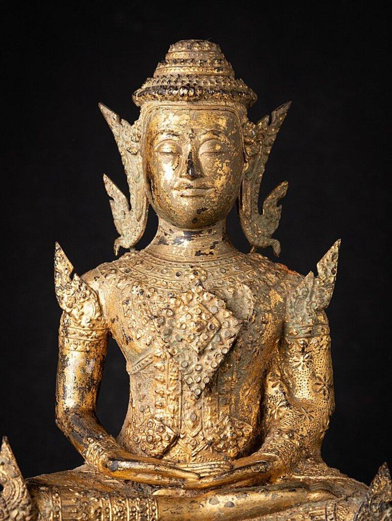 Material: bronze
47 cm high 
35,5 cm wide and 22 cm deep
Weight: 15.3 kgs
Gilded with 24 krt. gold
Dhyana mudra
Originating from Thailand
19th century - Rattanakosin period
A very nice piece!.
 