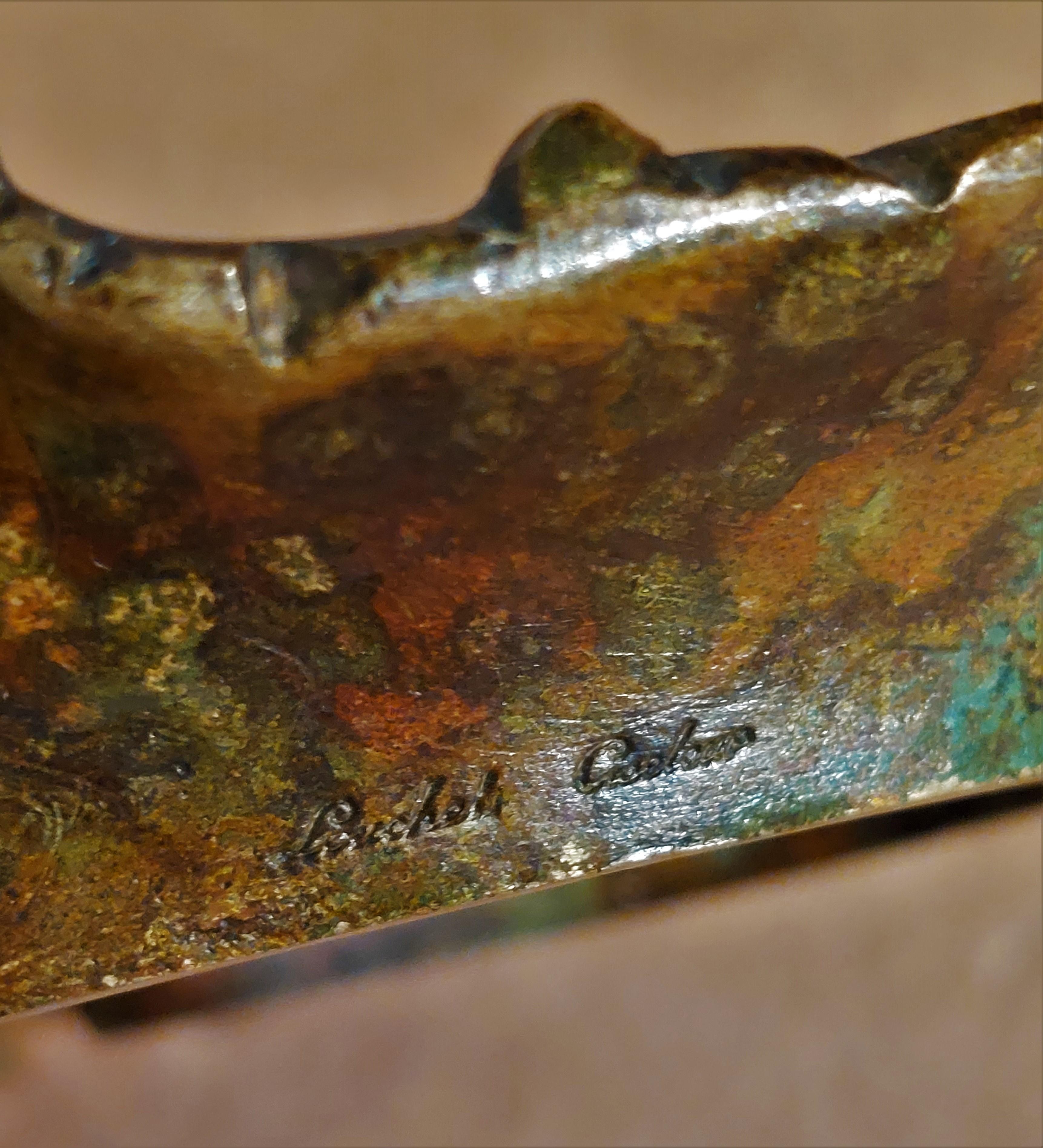 Wonderful naturalistic utensil desk tray in the design of two hazelnut leaves and hazelnuts on top.
Signed at the bottom 