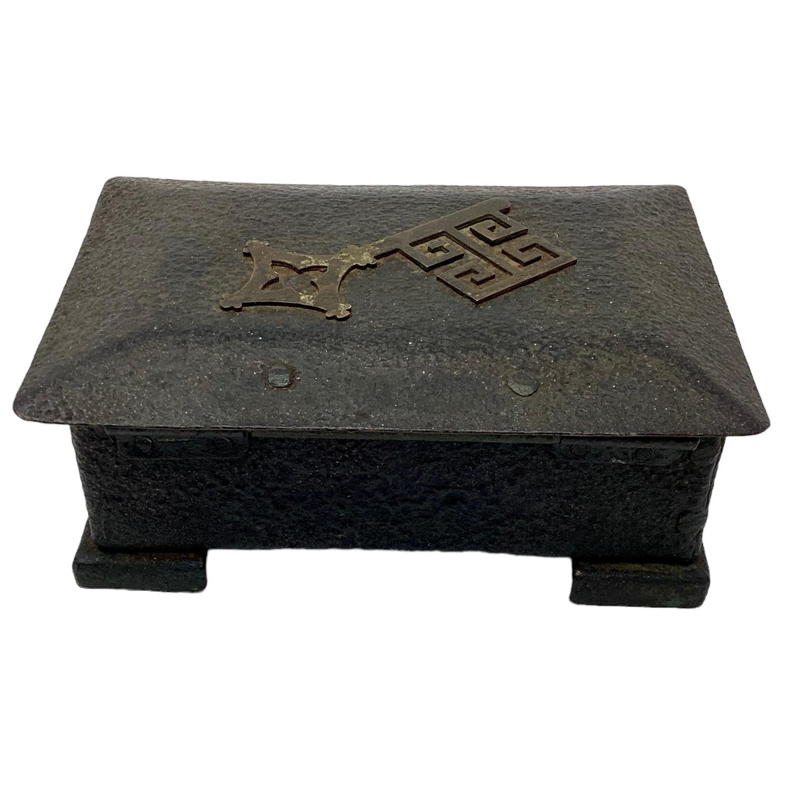 Antike Verdigris-Schachtel aus Bronze mit griechischem Schlüssel