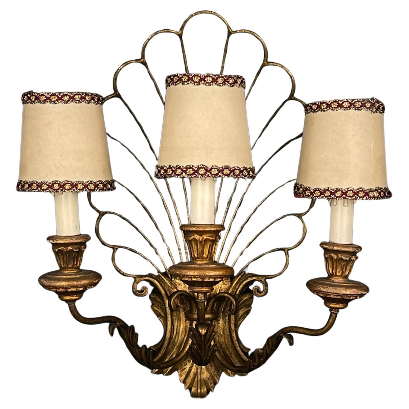 Antique bronze wall lamp 3 arm, Italy 1930s