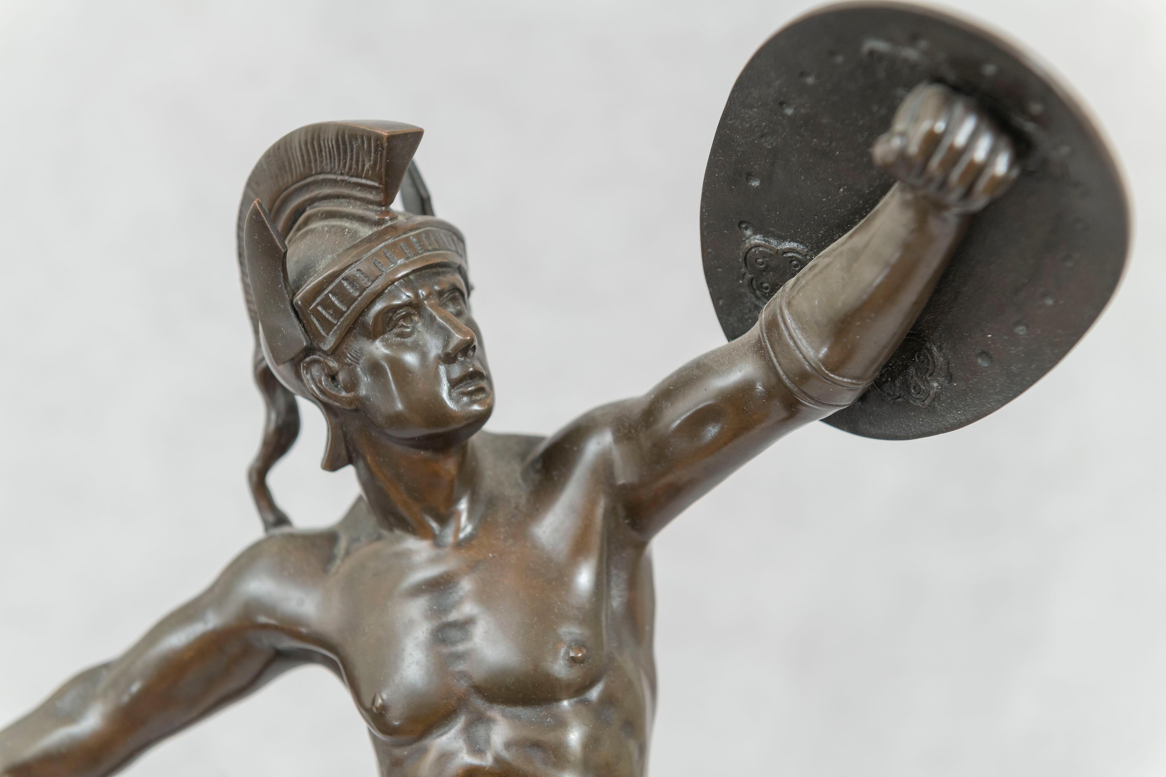 Beaux Arts Antique Bronze Warrior on Marble Base