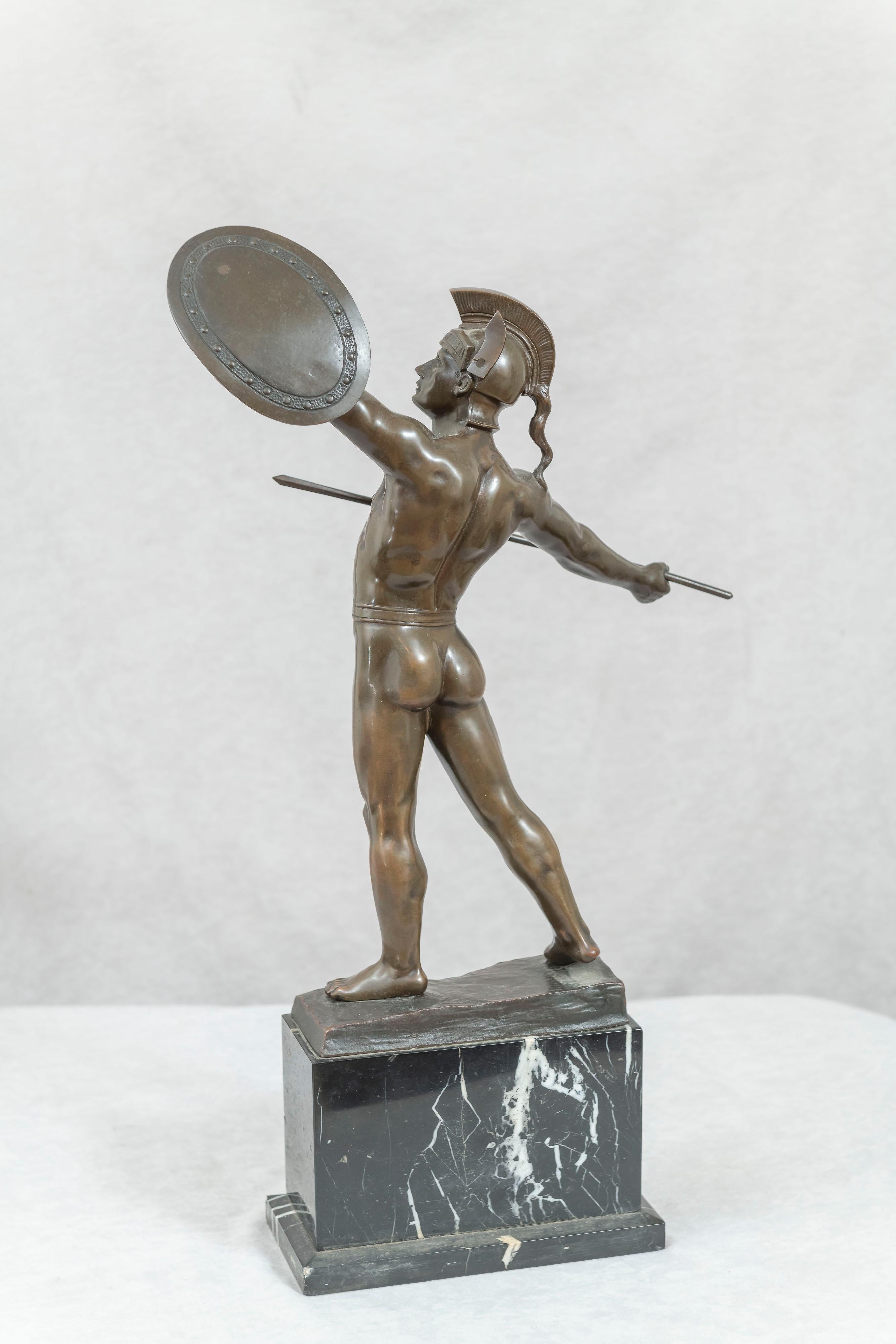 Antique Bronze Warrior on Marble Base In Good Condition In Petaluma, CA