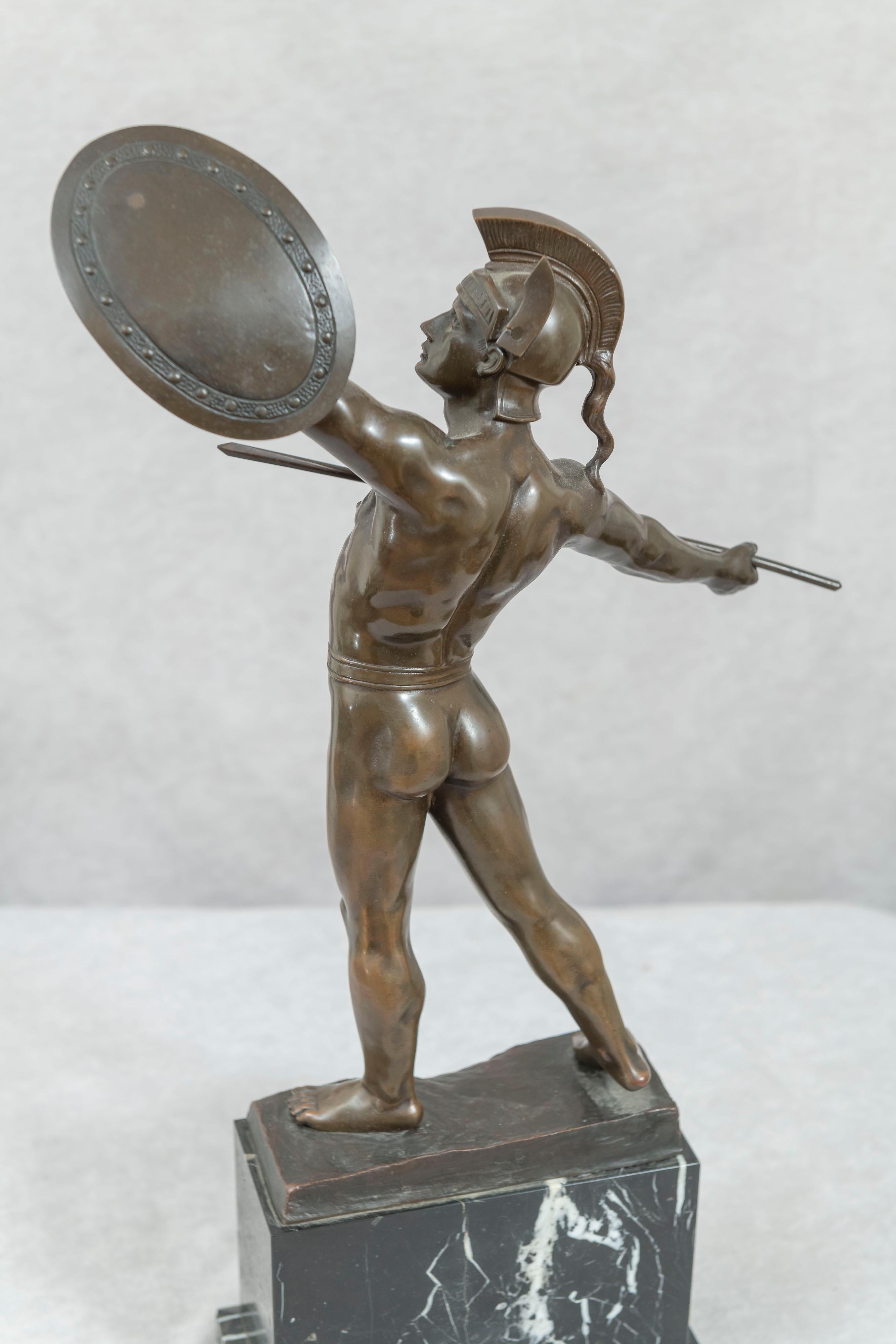 Early 20th Century Antique Bronze Warrior on Marble Base