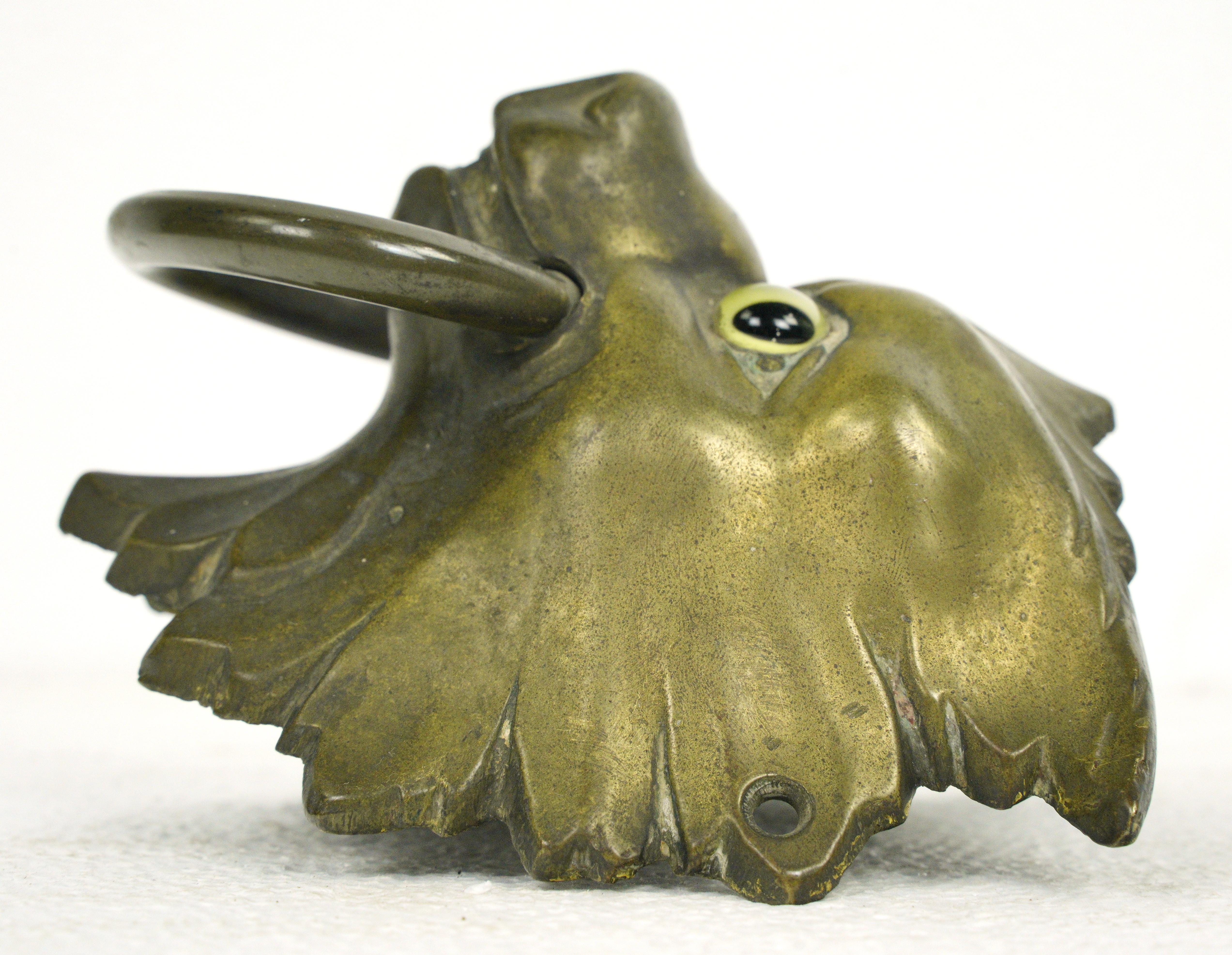 Antique Bronze Wolf Head Glass Eyes Ring Pull For Sale 4