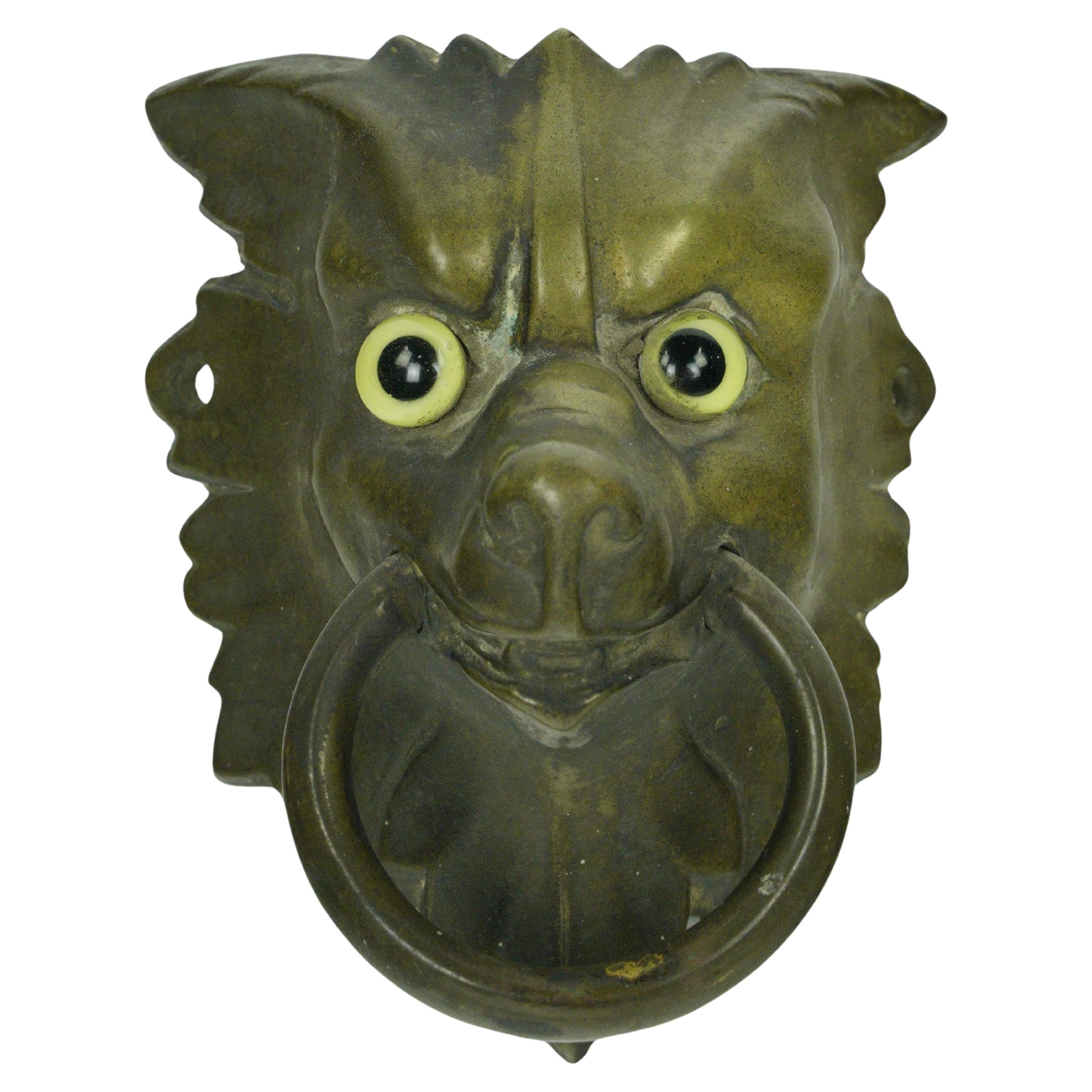 Antique Bronze Wolf Head Glass Eyes Ring Pull For Sale