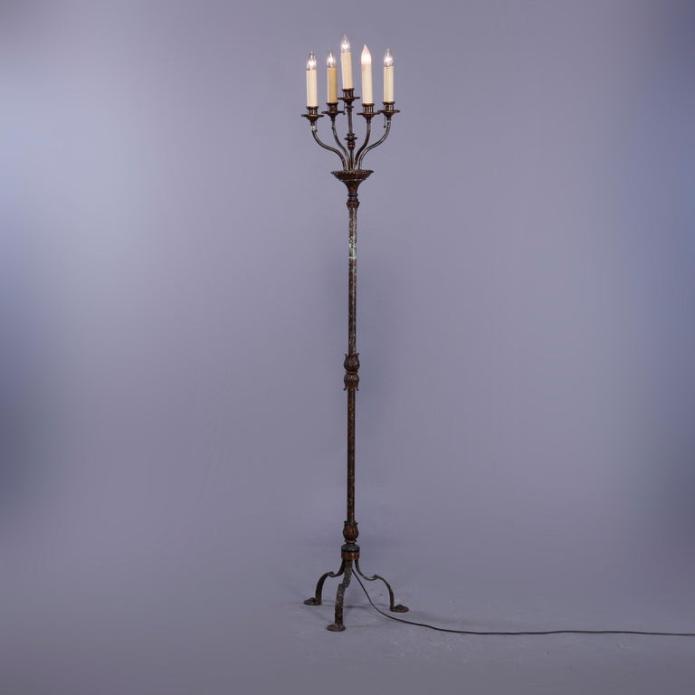 Antique Bronze and Wrought Iron FiveLight Candelabra Floor Lamp, c1920
