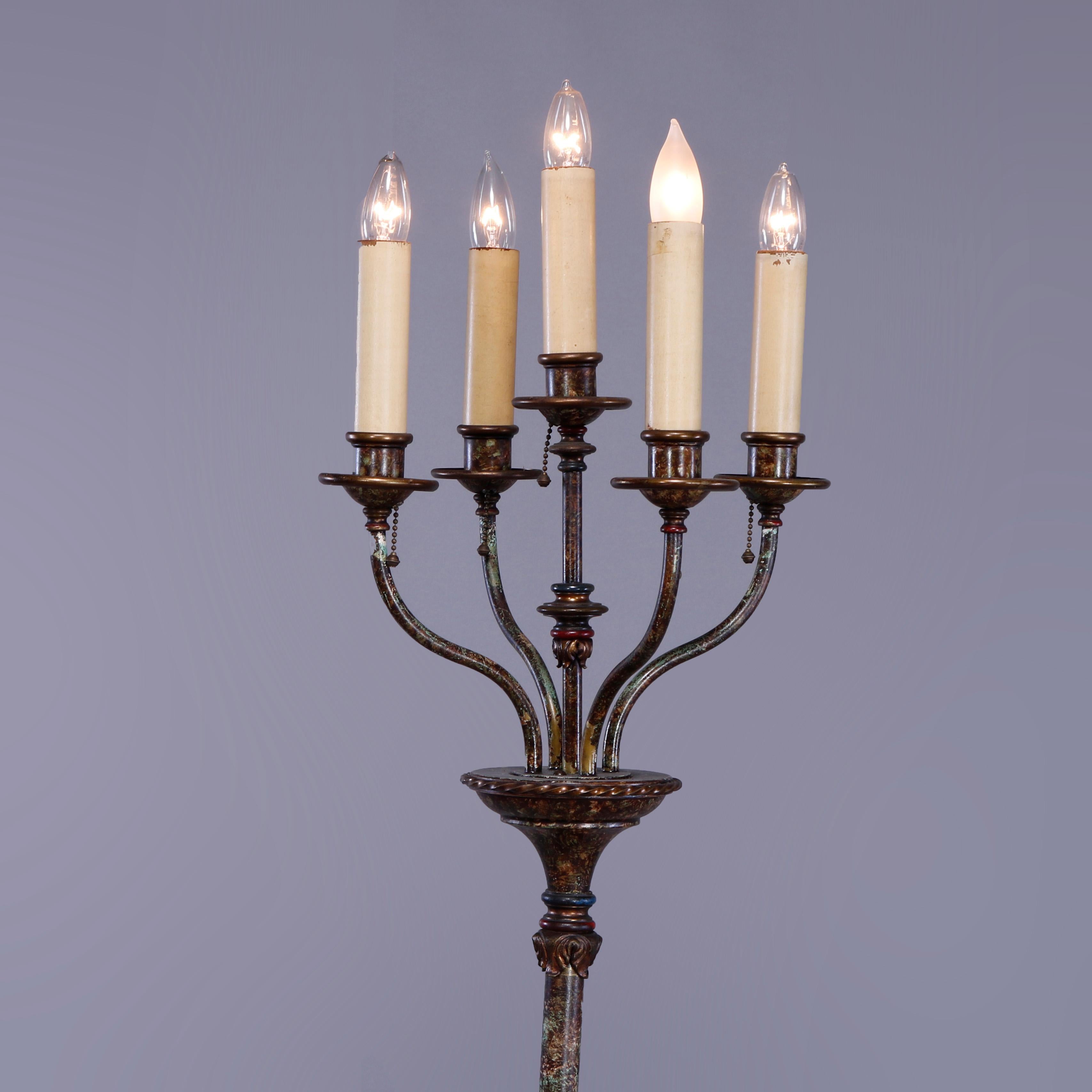 American Antique Bronze & Wrought Iron Five-Light Candelabra Floor Lamp, c1920