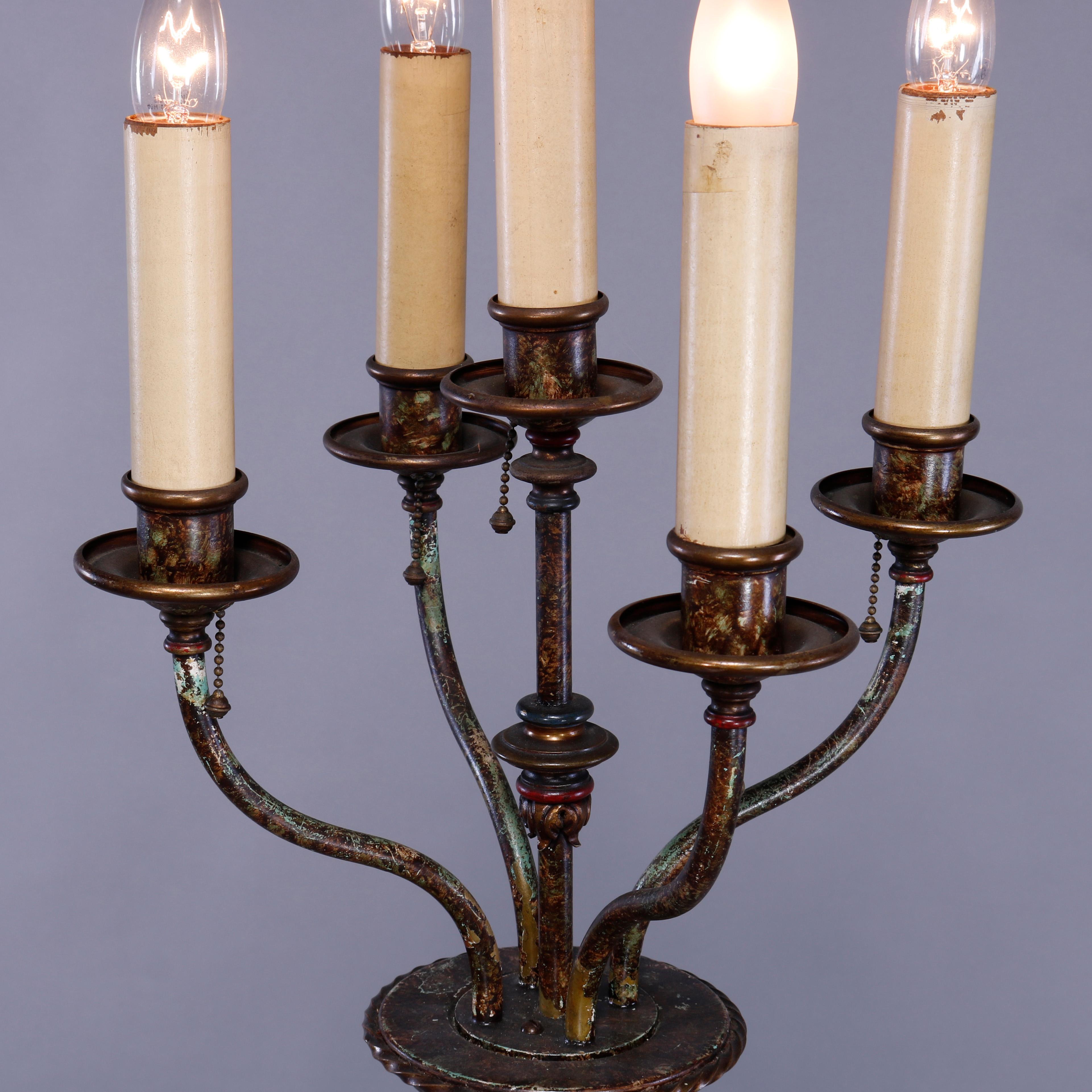 Antique Bronze & Wrought Iron Five-Light Candelabra Floor Lamp, c1920 In Good Condition In Big Flats, NY