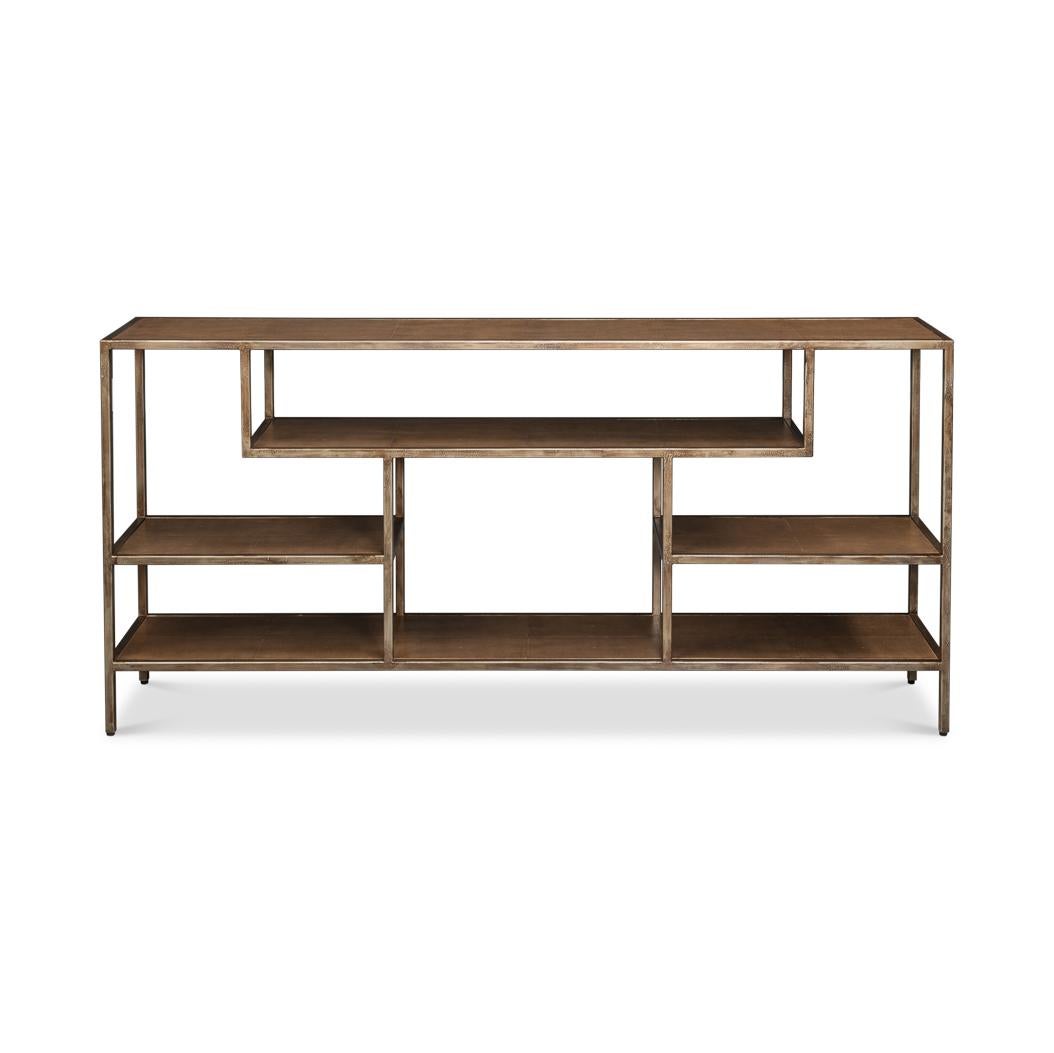 Console Table with Brown Leather combines modern sophistication with timeless luxury. Its sleek, antique bronzed metal frame features a minimalist, open design that creates a sense of lightness and elegance. The tawny brown shagreen embossed