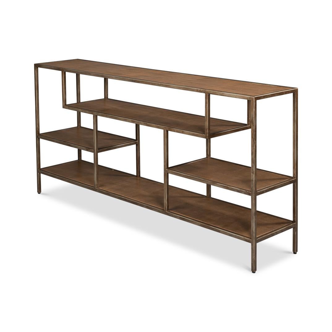 Minimalist Antique Bronzed Console Table with Brown Leather For Sale