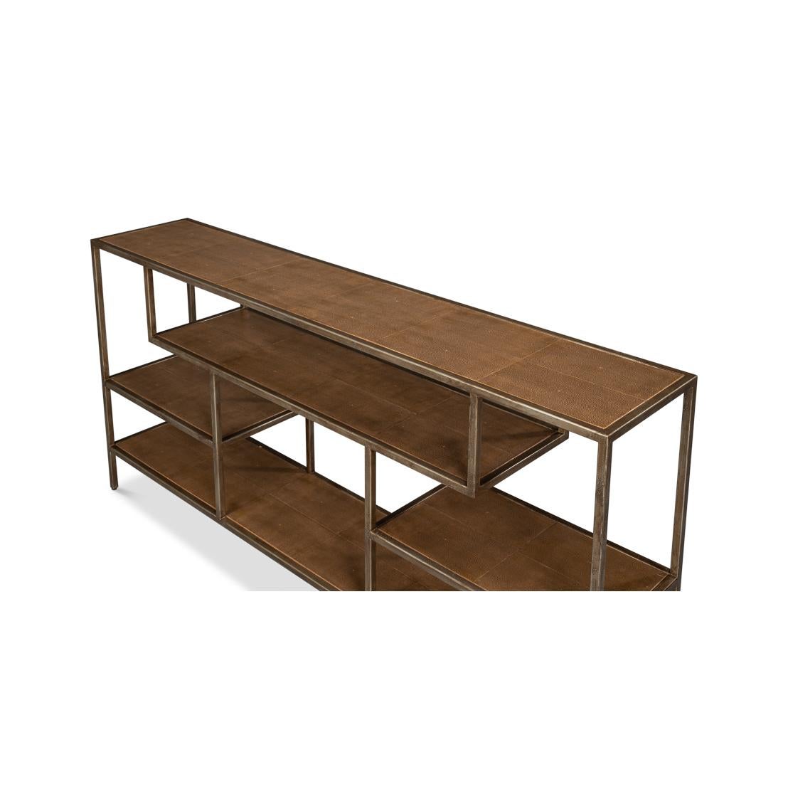 Asian Antique Bronzed Console Table with Brown Leather For Sale