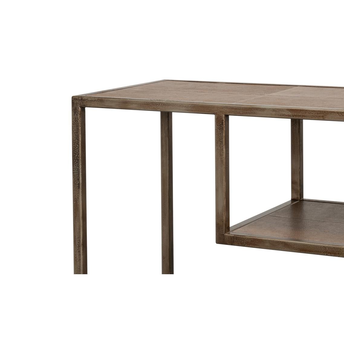 Metal Antique Bronzed Console Table with Brown Leather For Sale