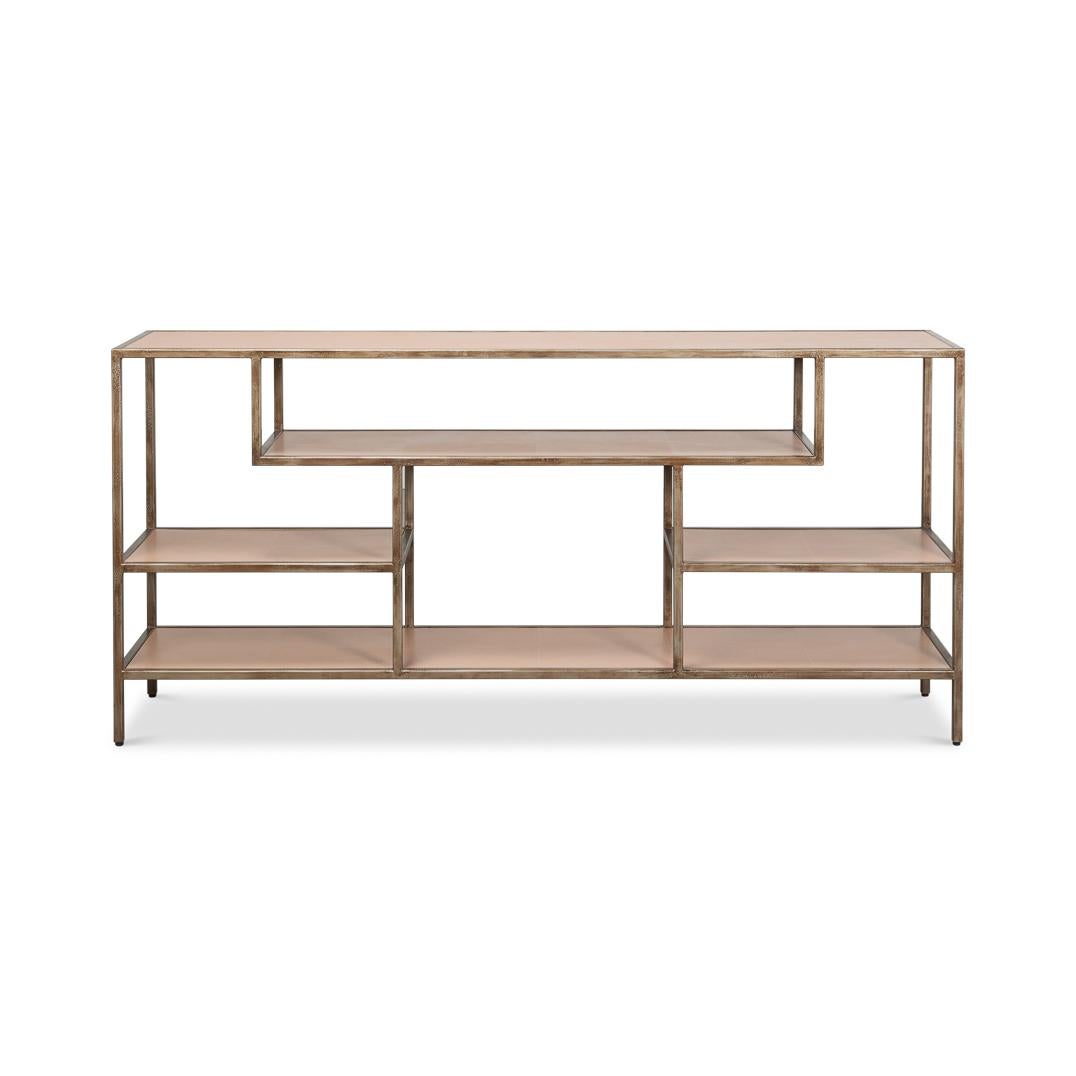 Console Table with mushroom Leather combines modern sophistication with timeless luxury. Its sleek, antique bronzed metal frame features a minimalist, open design that creates a sense of lightness and elegance. The tawny brown shagreen embossed