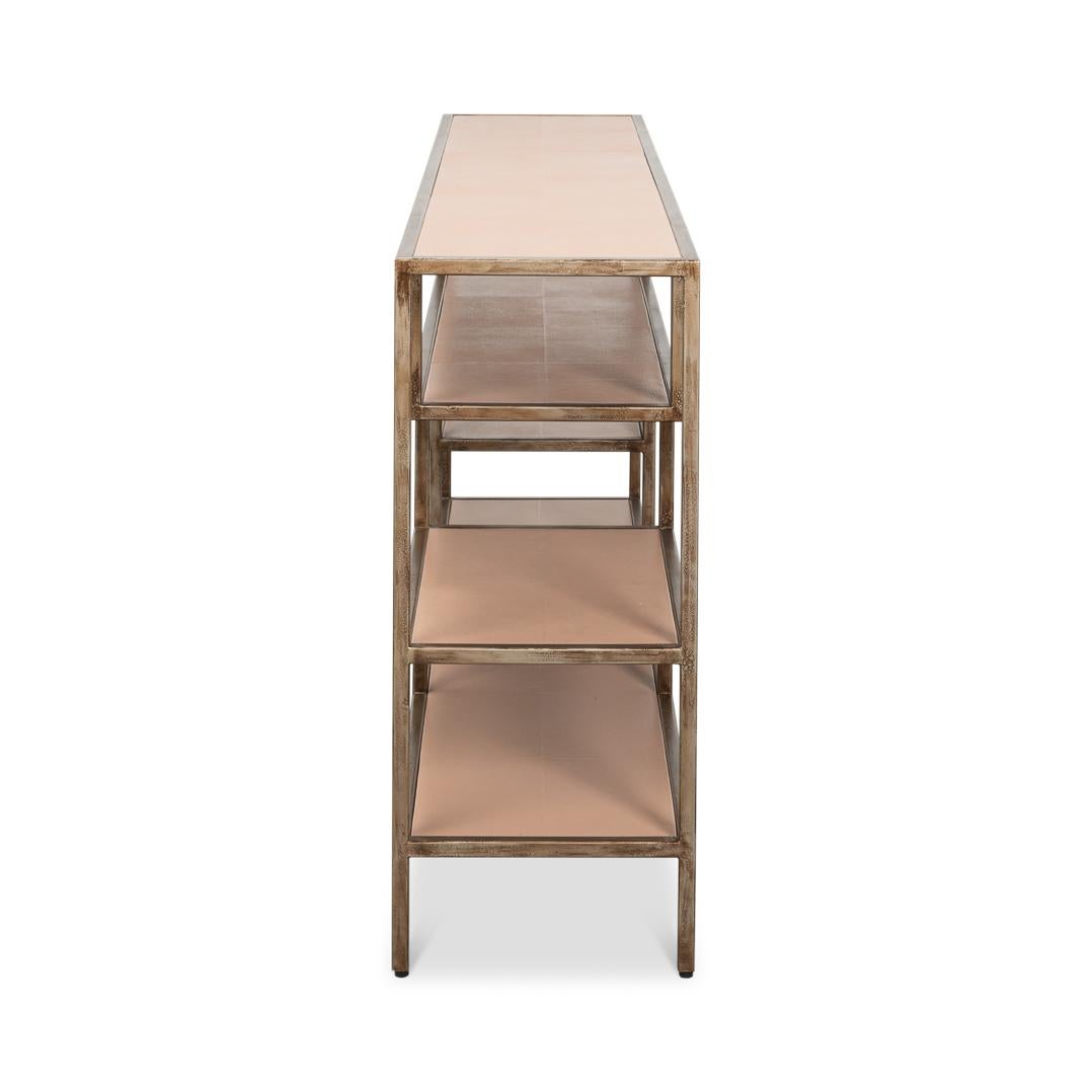 Minimalist Antique Bronzed Console Table with Mushroom Leather For Sale