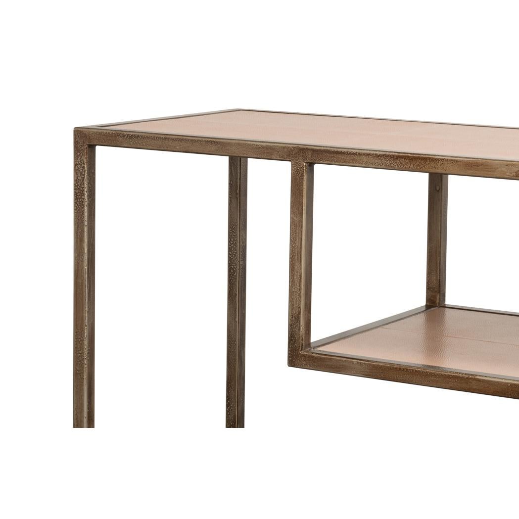 Contemporary Antique Bronzed Console Table with Mushroom Leather For Sale