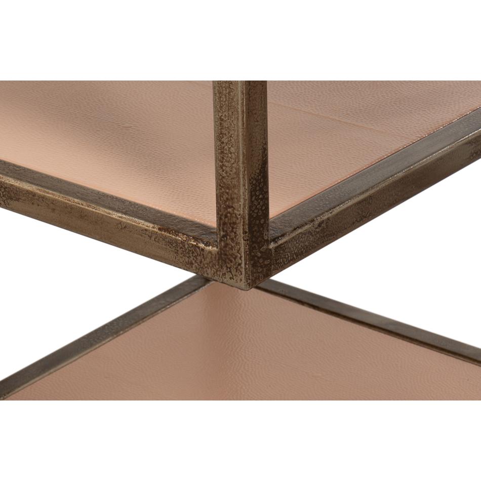 Metal Antique Bronzed Console Table with Mushroom Leather For Sale
