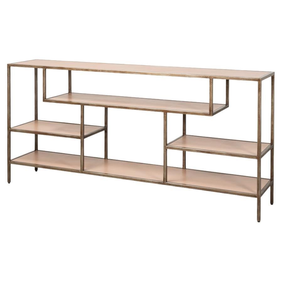Antique Bronzed Console Table with Mushroom Leather For Sale