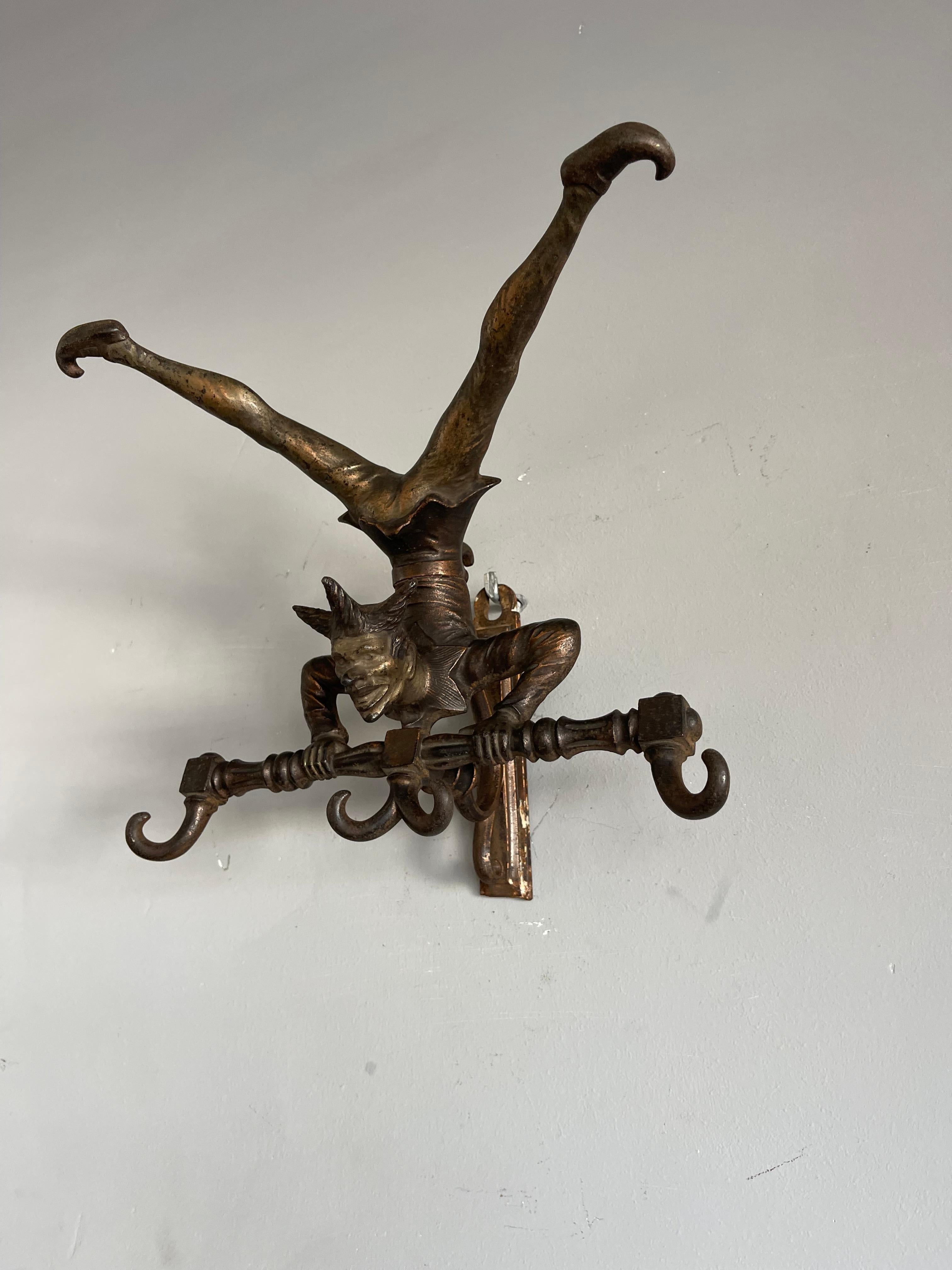Antique Bronzed Iron Wall Key or Coat Rack w. Acrobatic Jester Figure, Great Fun 5