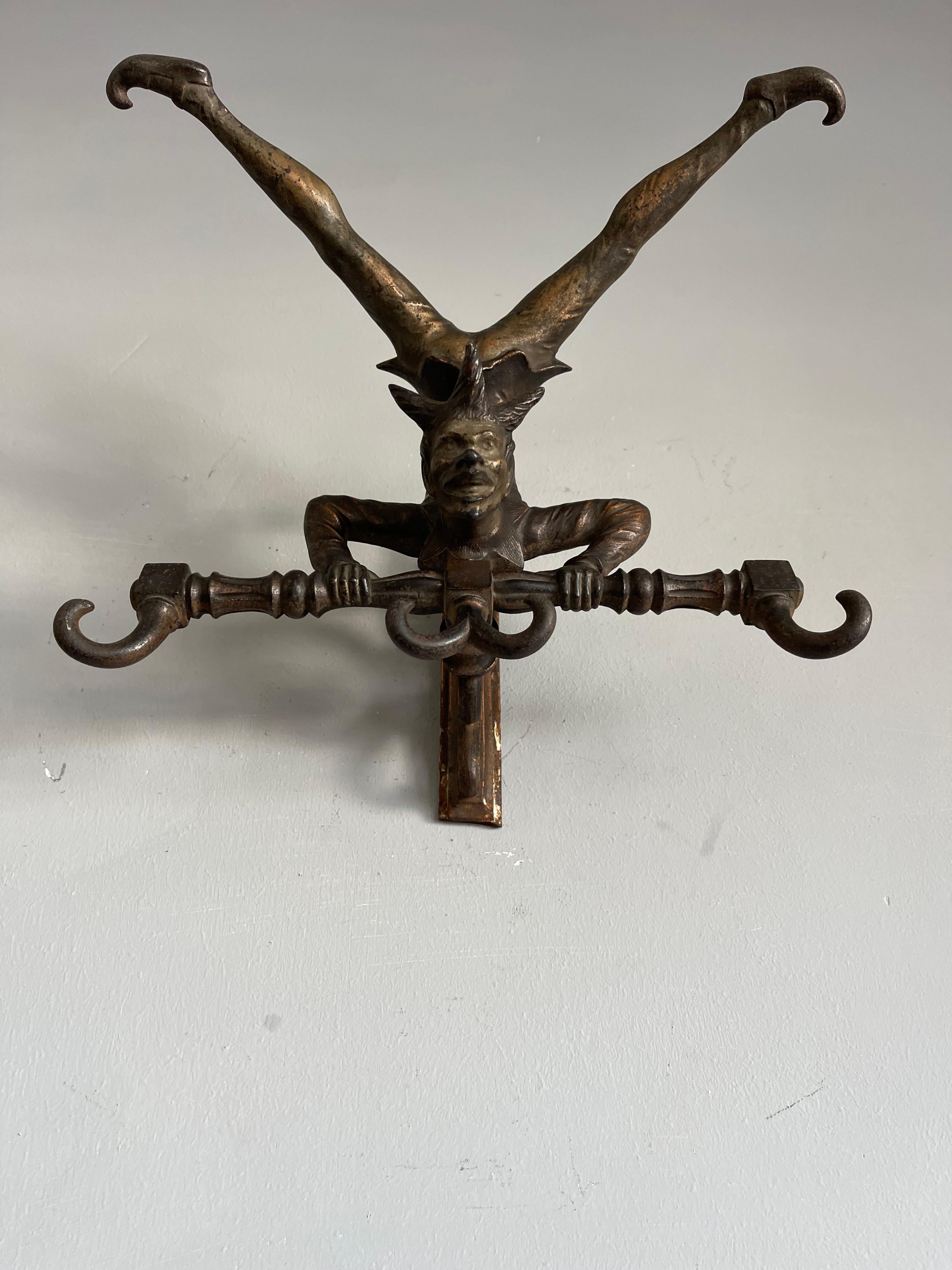 Antique Bronzed Iron Wall Key or Coat Rack w. Acrobatic Jester Figure, Great Fun 6