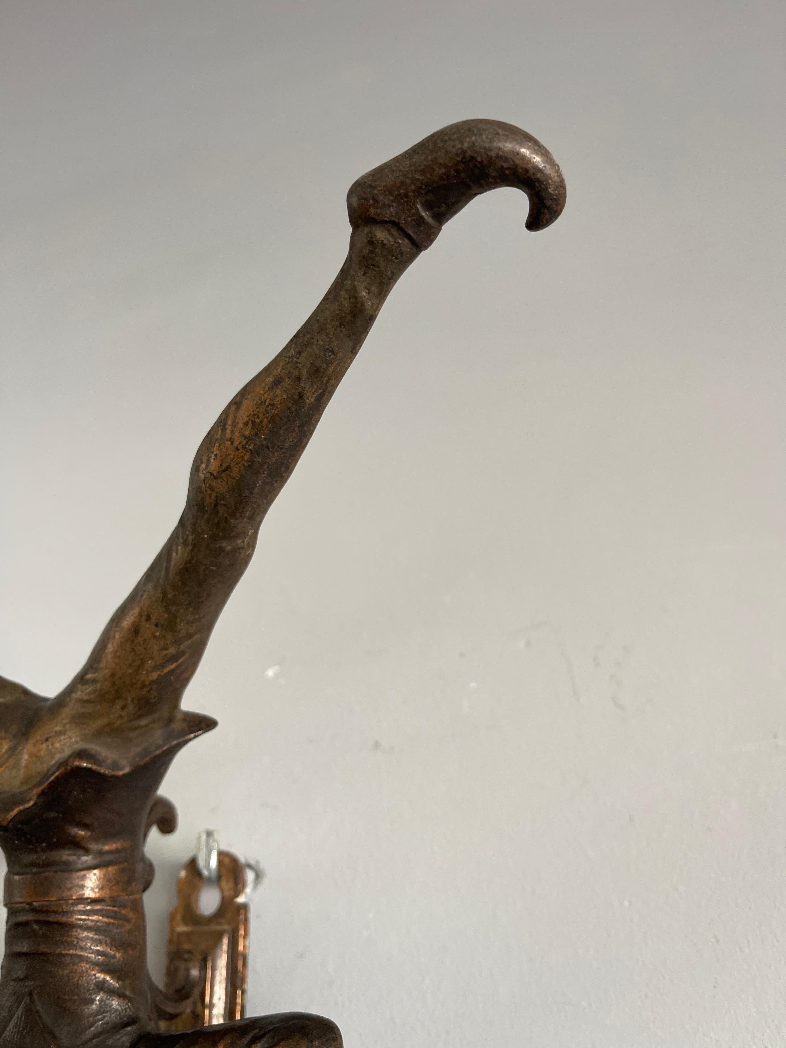 Antique Bronzed Iron Wall Key or Coat Rack w. Acrobatic Jester Figure, Great Fun 7