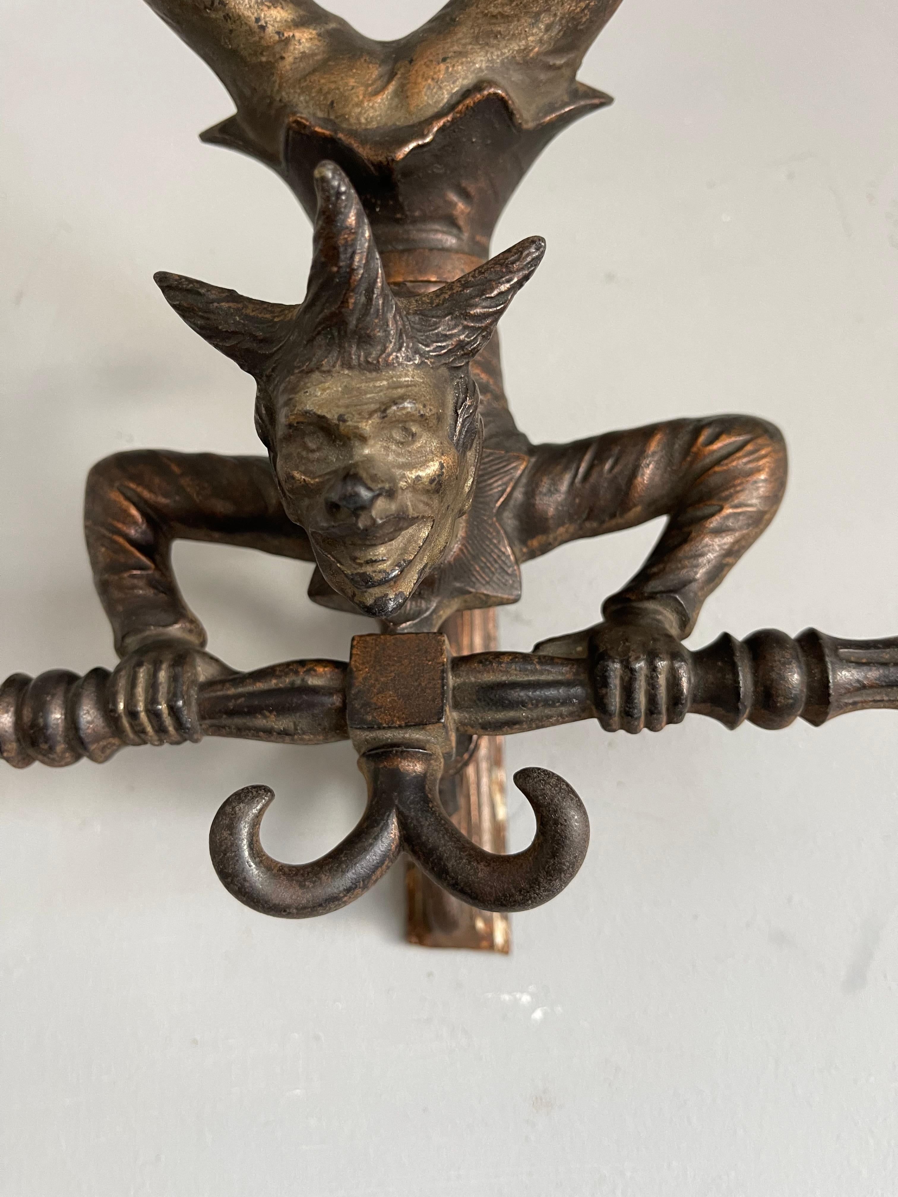 Antique Bronzed Iron Wall Key or Coat Rack w. Acrobatic Jester Figure, Great Fun 8