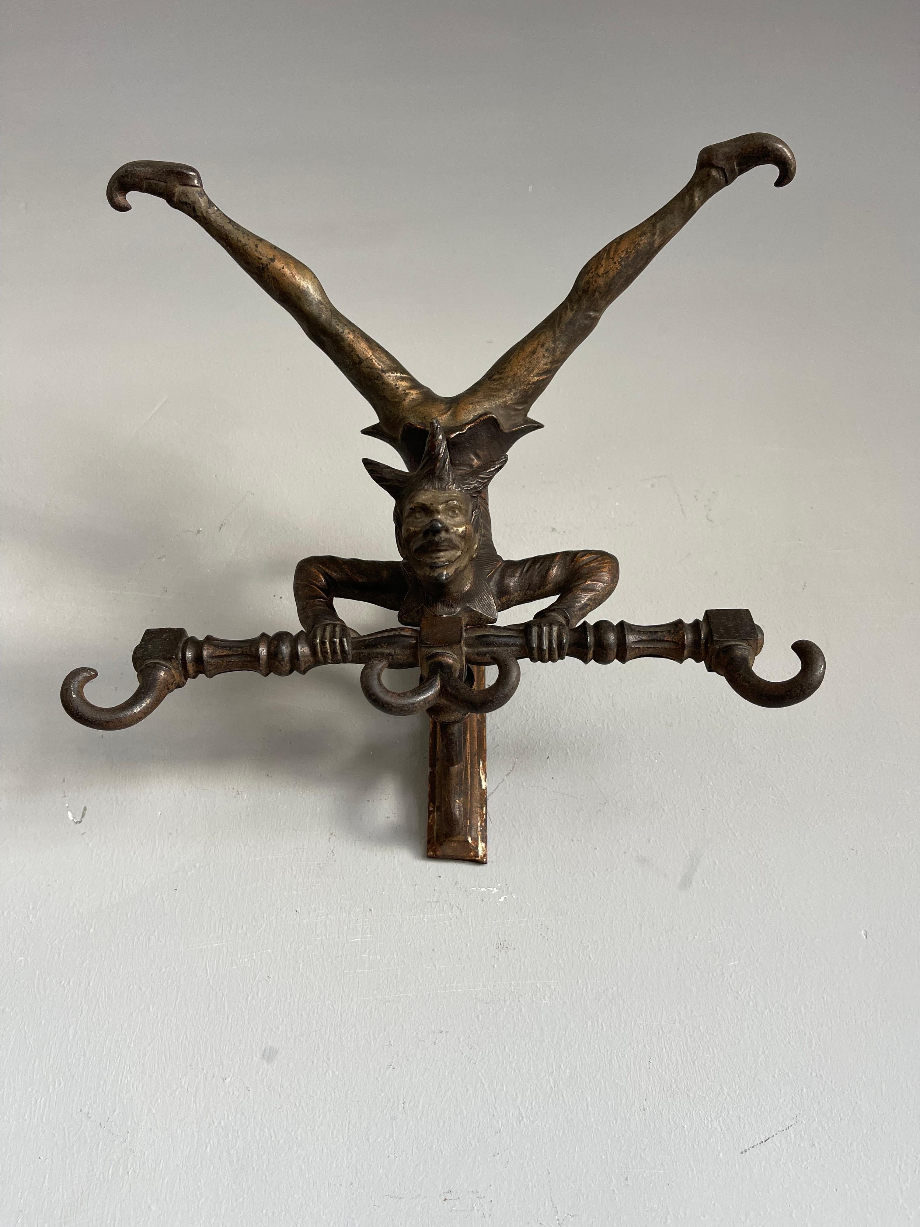 Antique Bronzed Iron Wall Key or Coat Rack w. Acrobatic Jester Figure, Great Fun 10