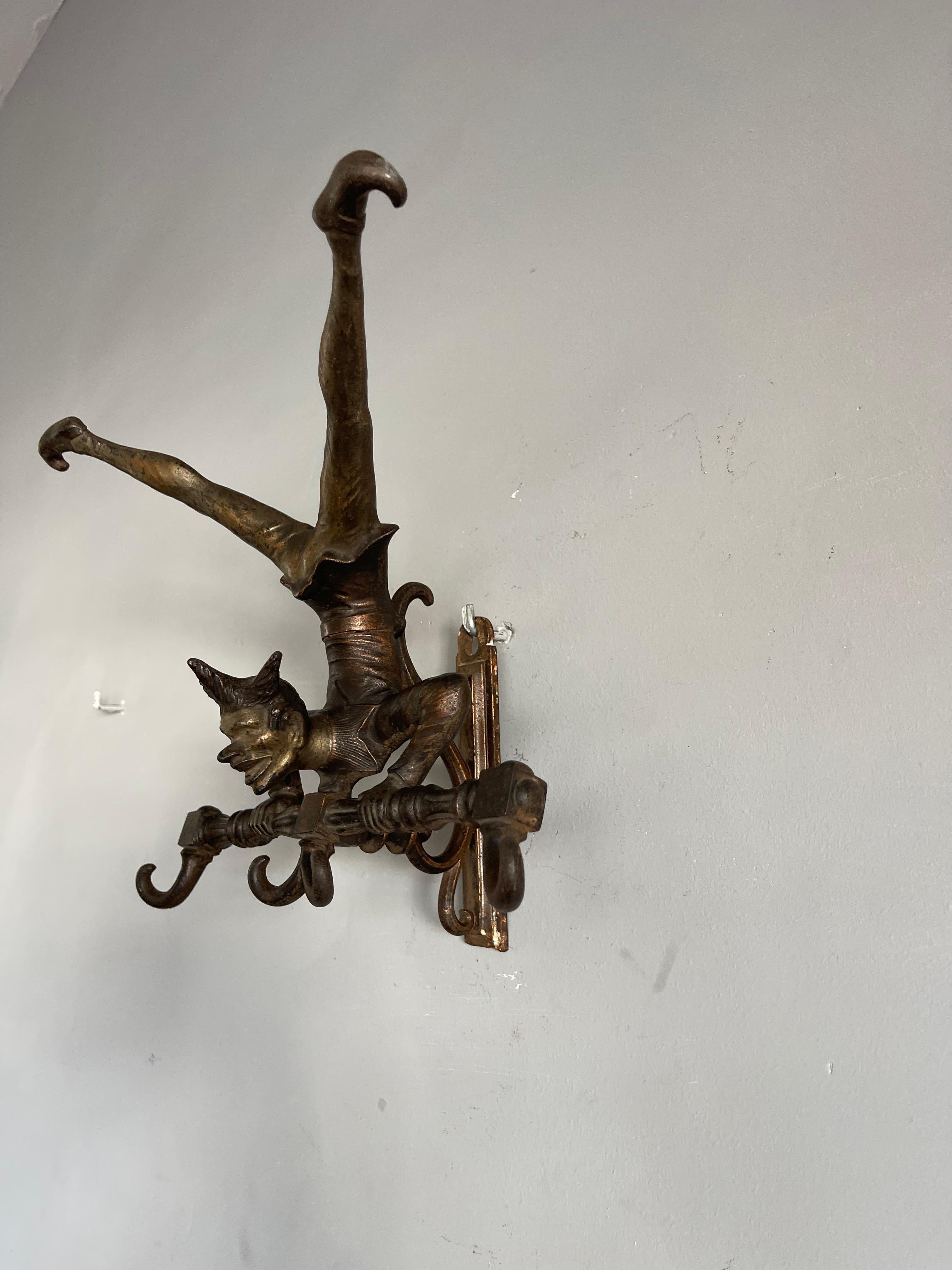 Antique Bronzed Iron Wall Key or Coat Rack w. Acrobatic Jester Figure, Great Fun 11