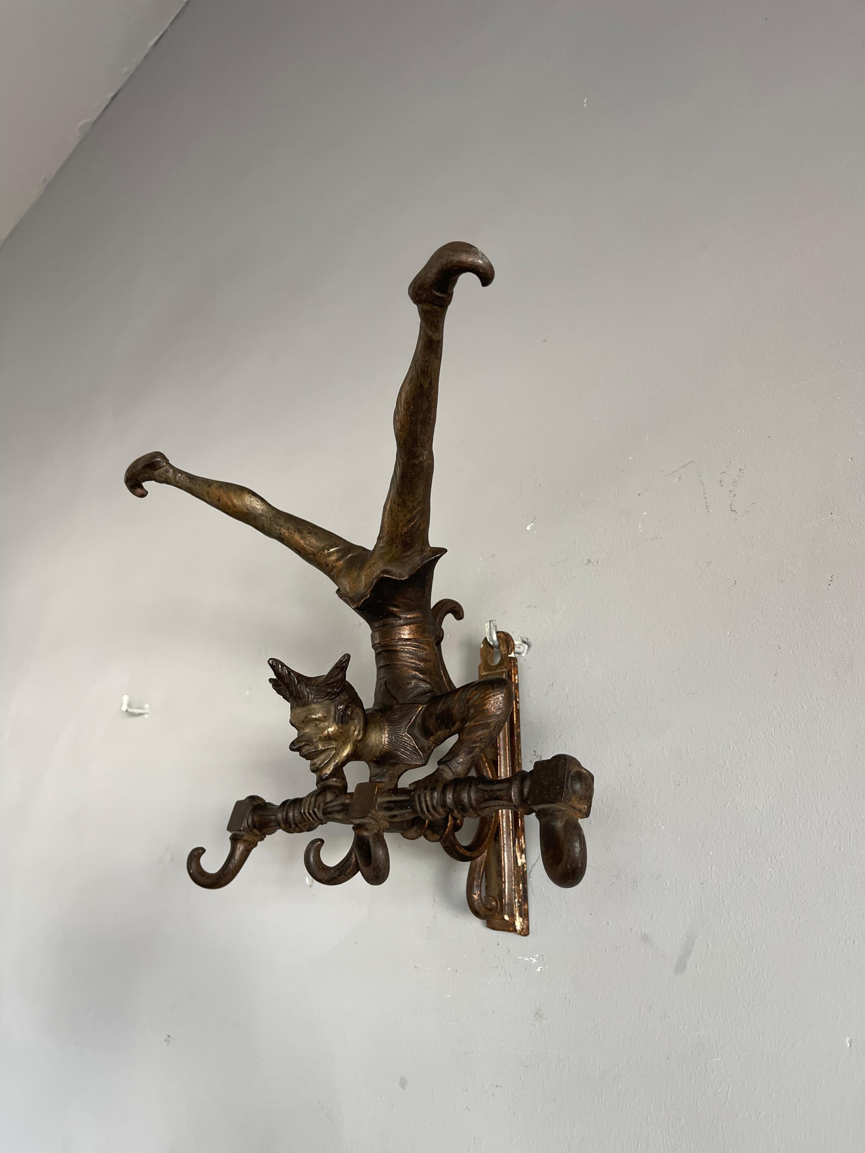 Antique Bronzed Iron Wall Key or Coat Rack w. Acrobatic Jester Figure, Great Fun 12