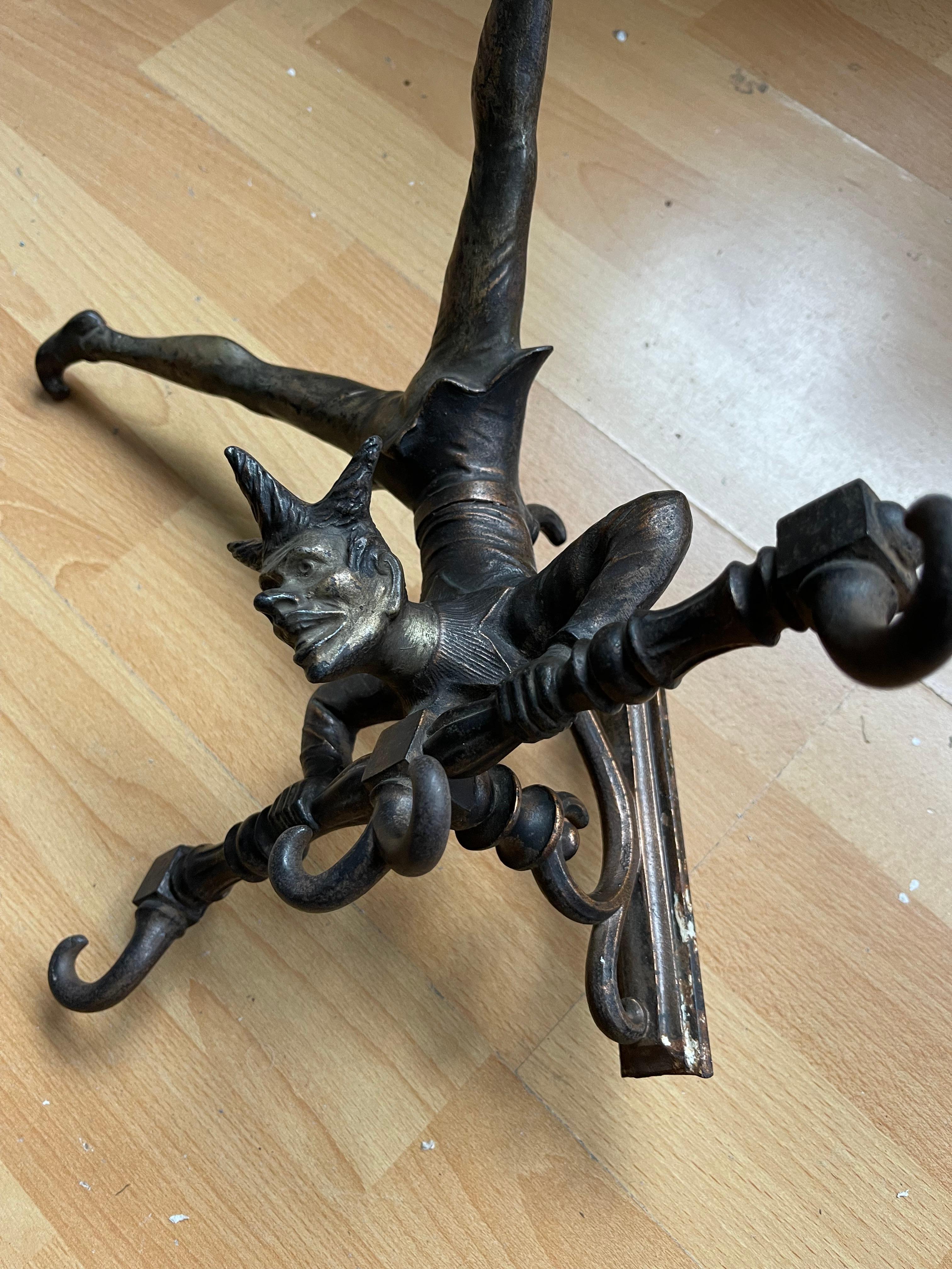 Antique Bronzed Iron Wall Key or Coat Rack w. Acrobatic Jester Figure, Great Fun 13