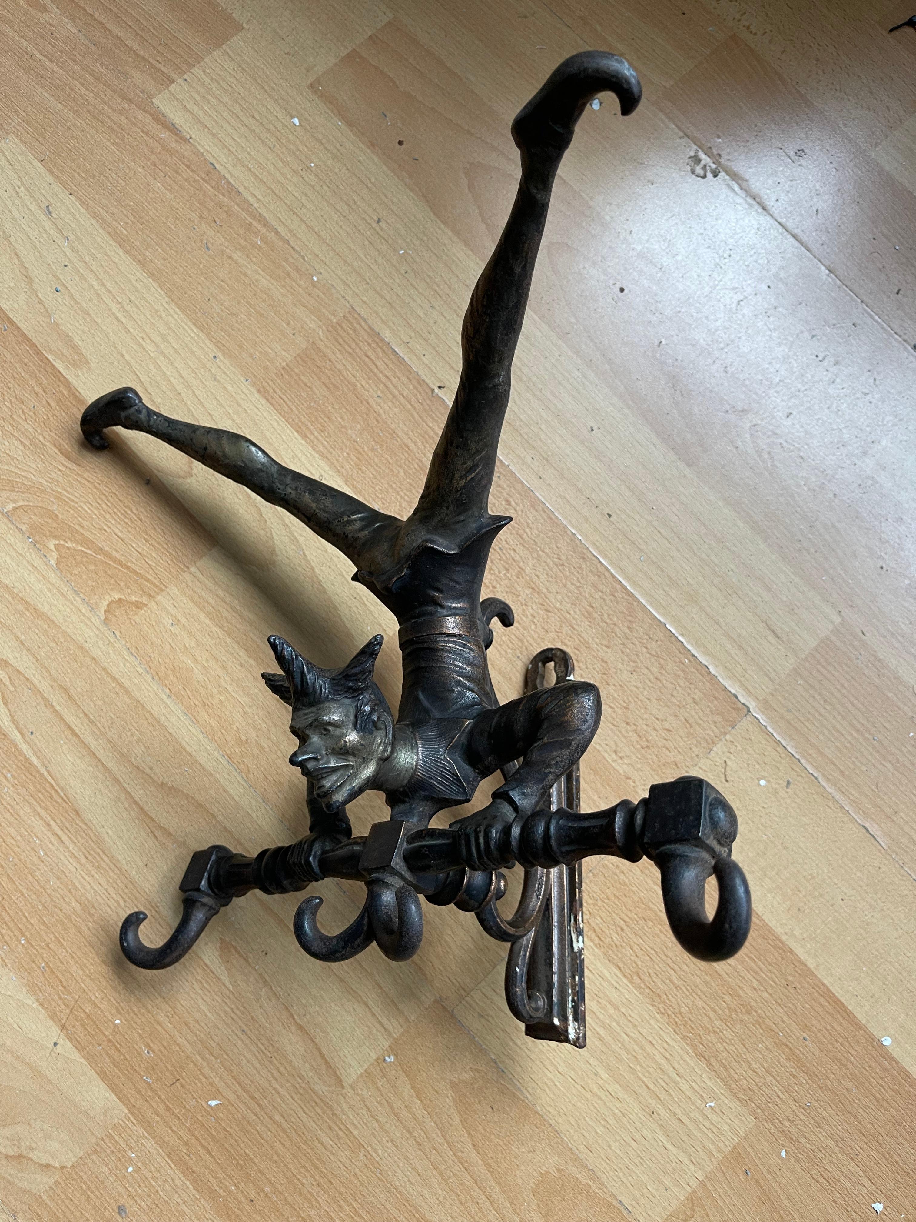 Antique Bronzed Iron Wall Key or Coat Rack w. Acrobatic Jester Figure, Great Fun 14