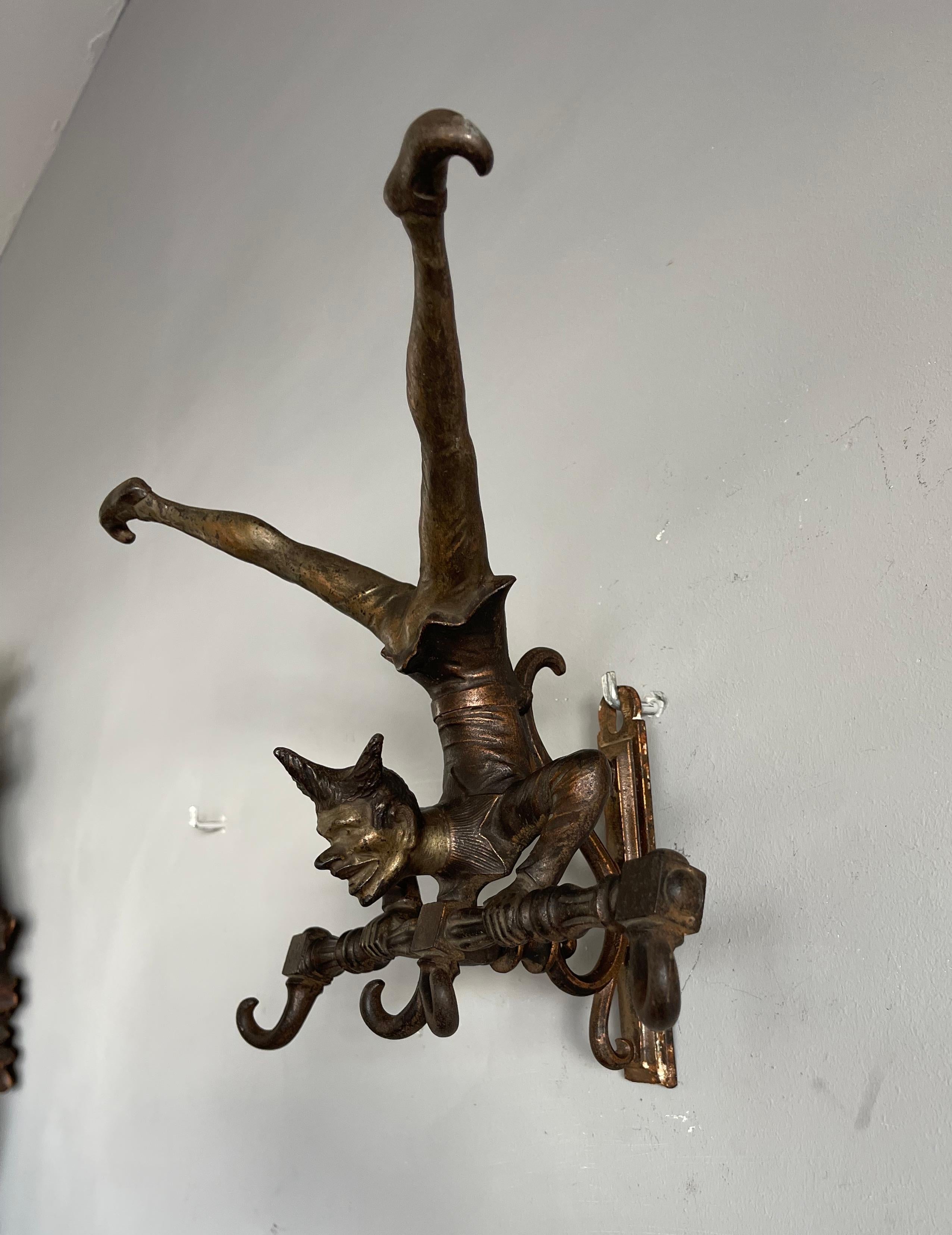 Arts and Crafts Antique Bronzed Iron Wall Key or Coat Rack w. Acrobatic Jester Figure, Great Fun