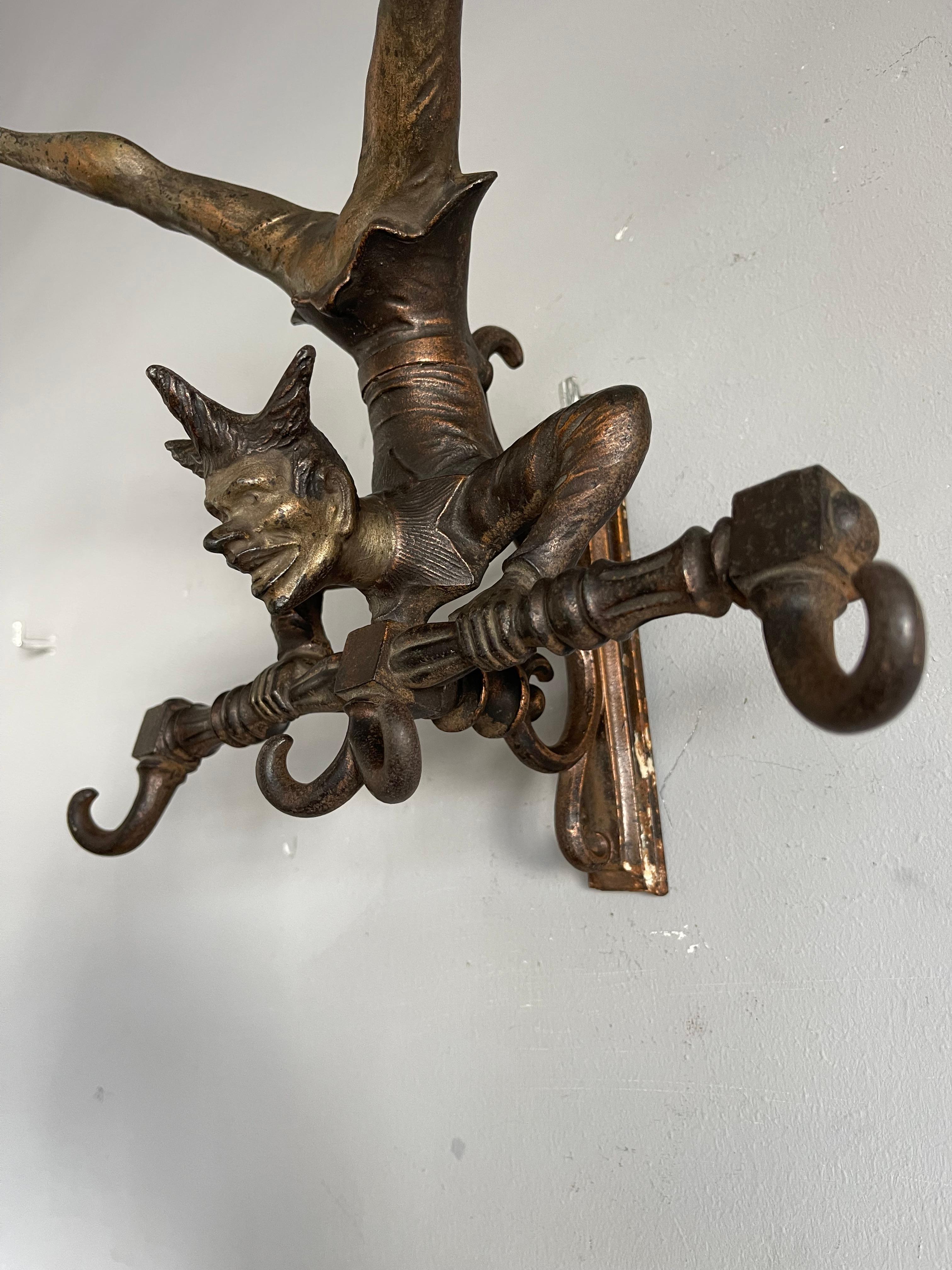 German Antique Bronzed Iron Wall Key or Coat Rack w. Acrobatic Jester Figure, Great Fun