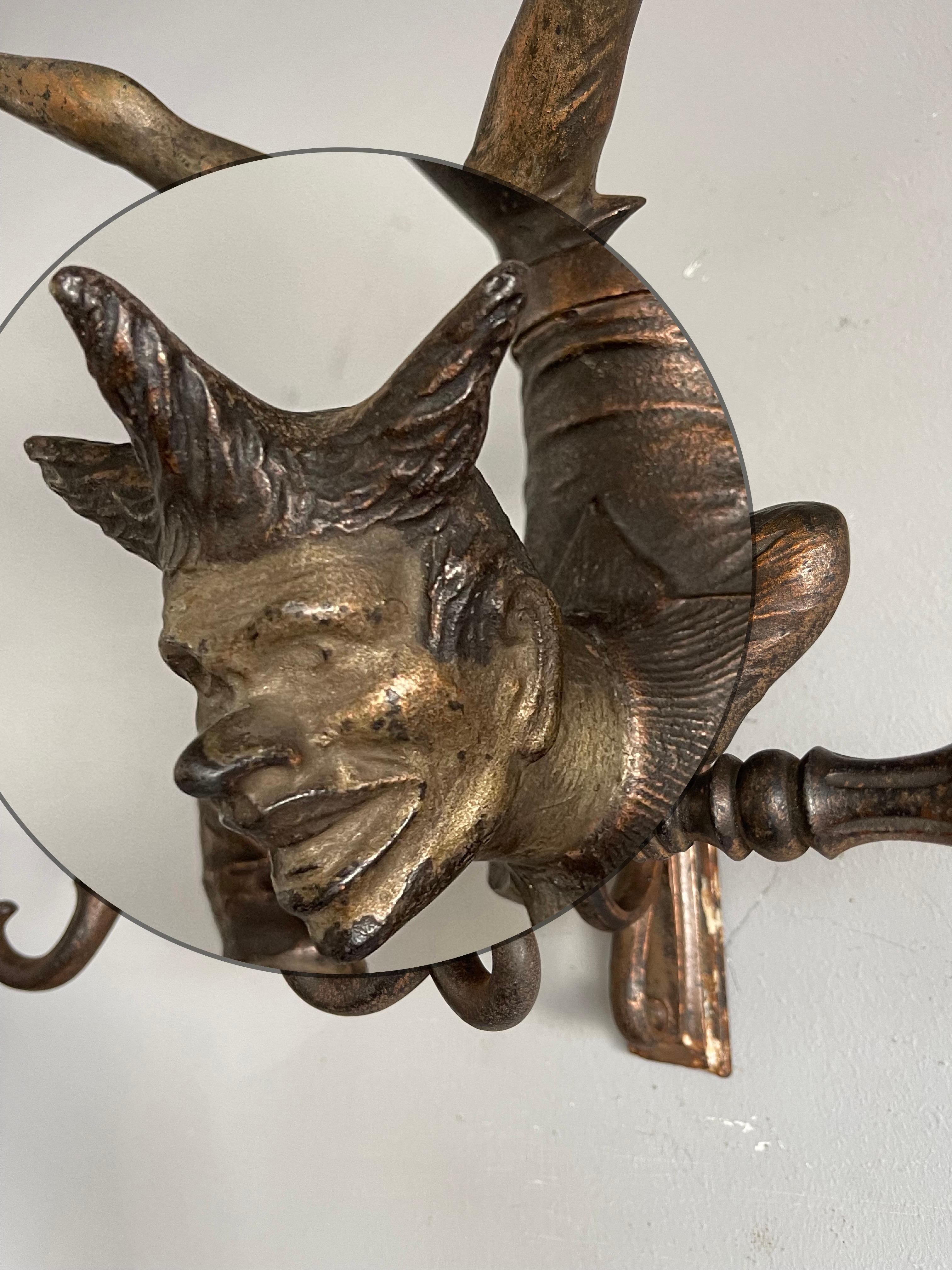 20th Century Antique Bronzed Iron Wall Key or Coat Rack w. Acrobatic Jester Figure, Great Fun