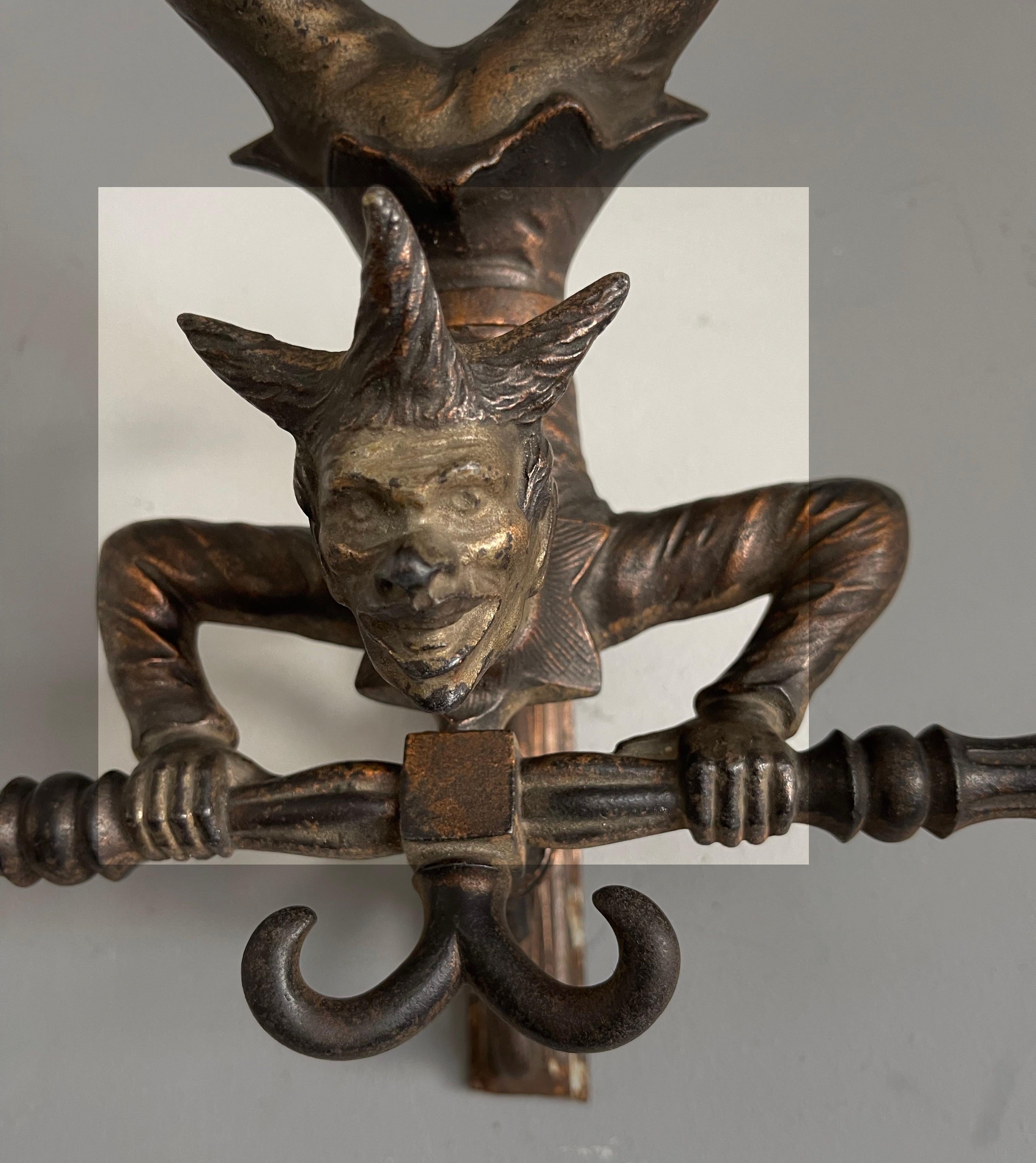 Antique Bronzed Iron Wall Key or Coat Rack w. Acrobatic Jester Figure, Great Fun 1