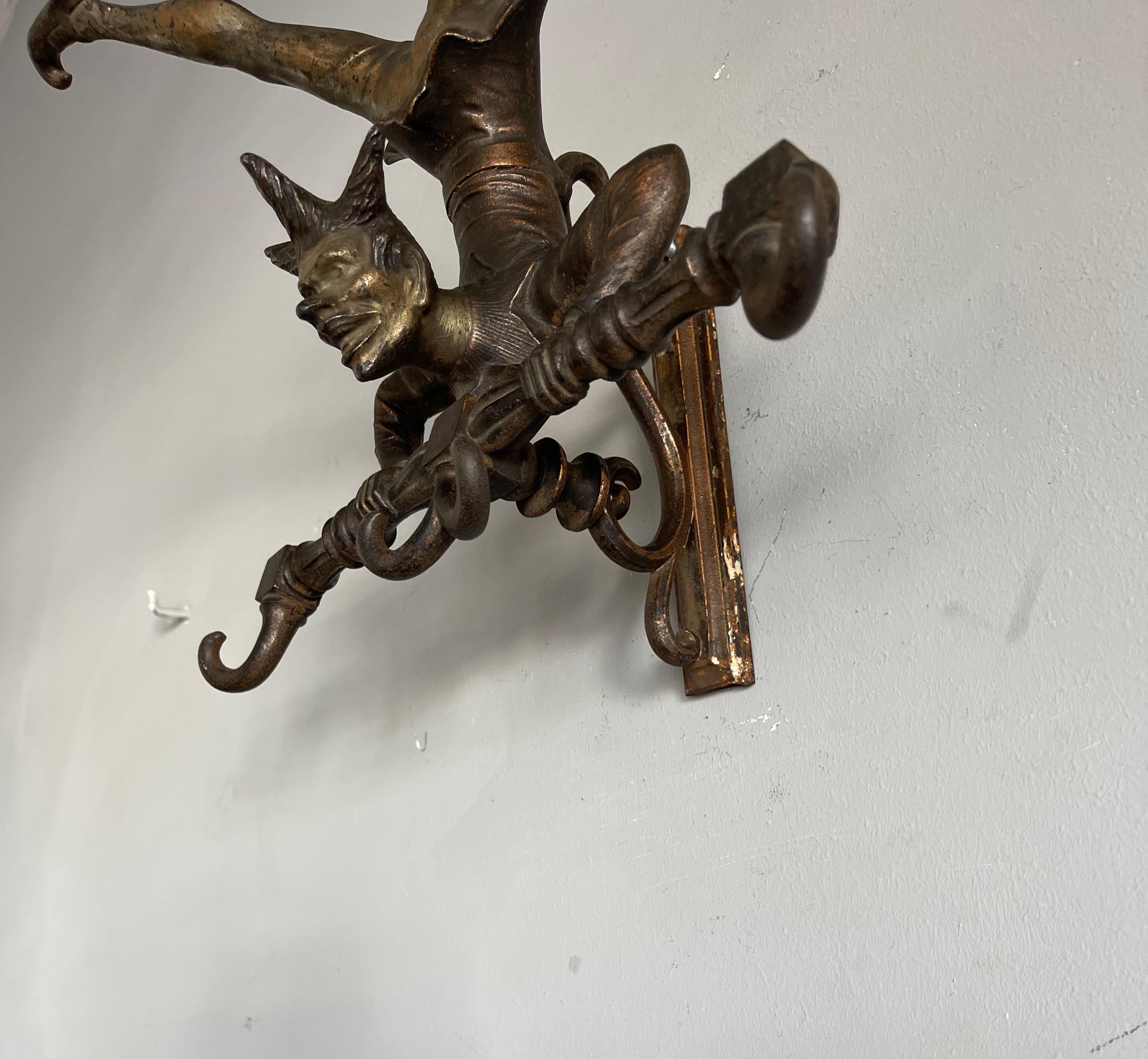 Antique Bronzed Iron Wall Key or Coat Rack w. Acrobatic Jester Figure, Great Fun 2