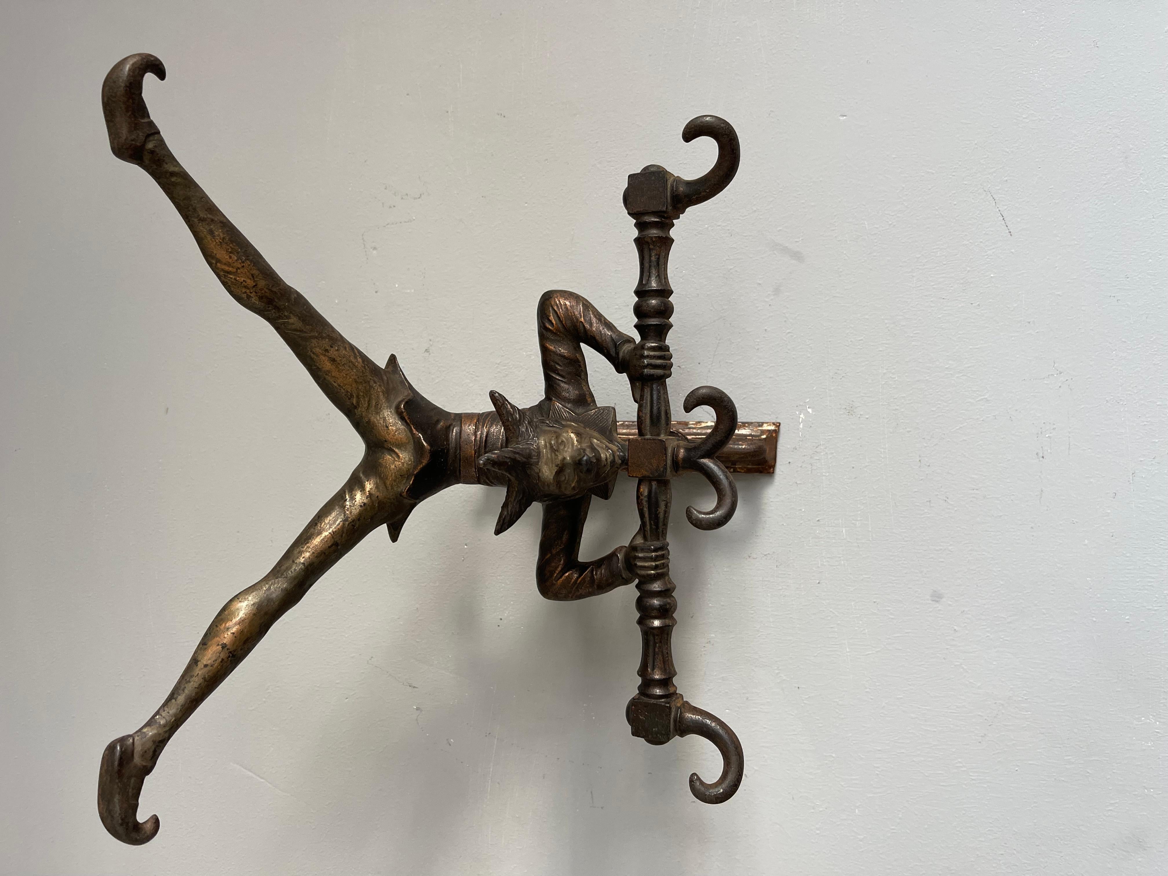 Antique Bronzed Iron Wall Key or Coat Rack w. Acrobatic Jester Figure, Great Fun 3