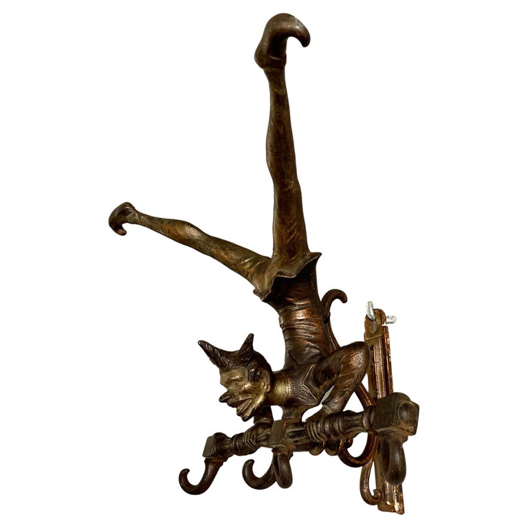 Antique Bronzed Iron Wall Key or Coat Rack w. Acrobatic Jester Figure ...