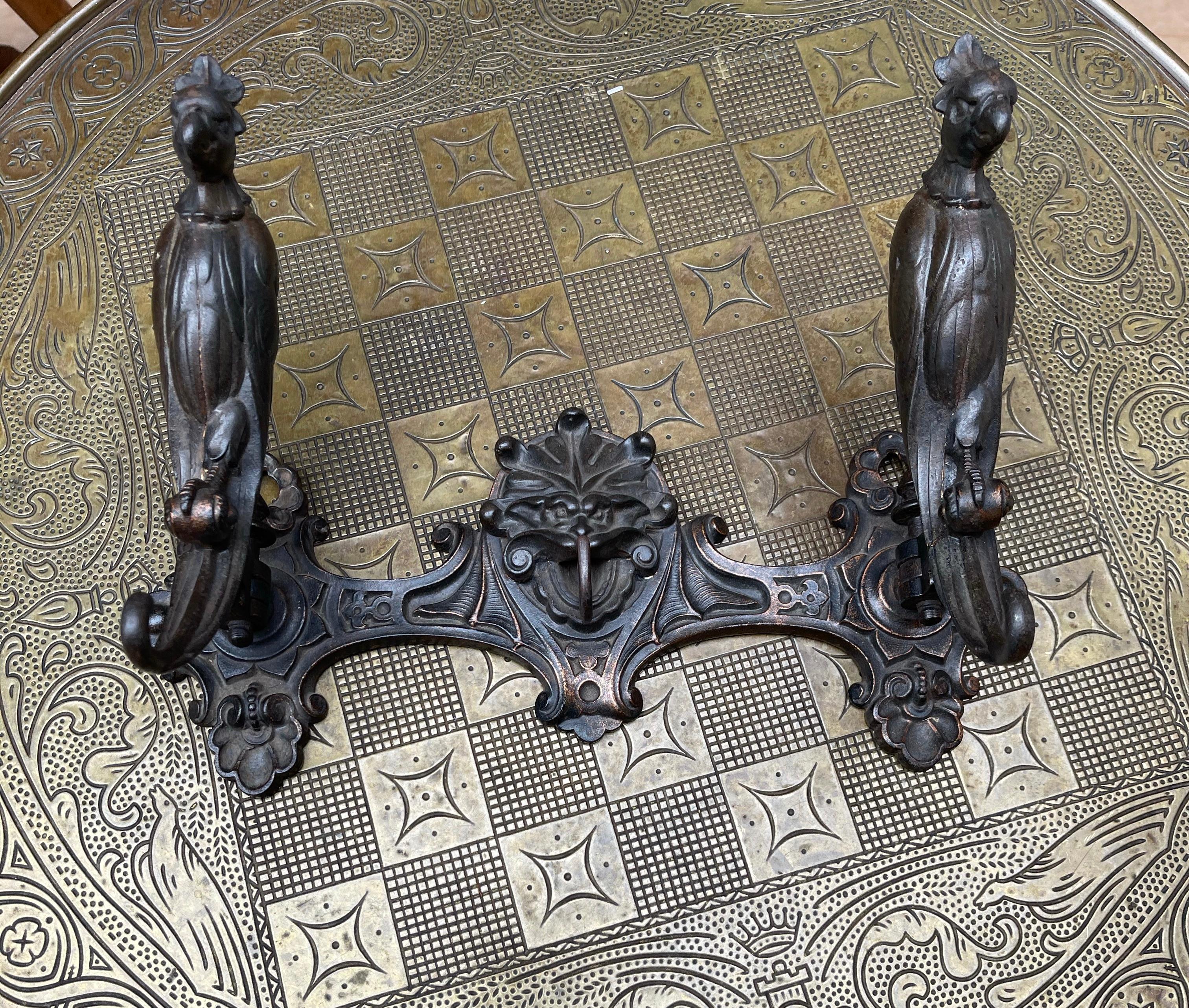Antique Bronzed Iron Wall Key or Coat Rack with Movable Parrot Sculpture Hooks 7